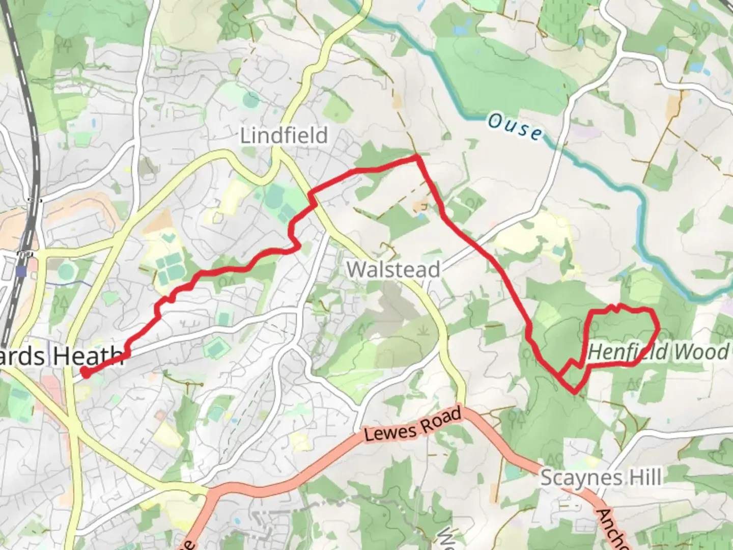 An image depicting the trail Henfield Wood Loop from Haywards Heath and its surrounding area.
