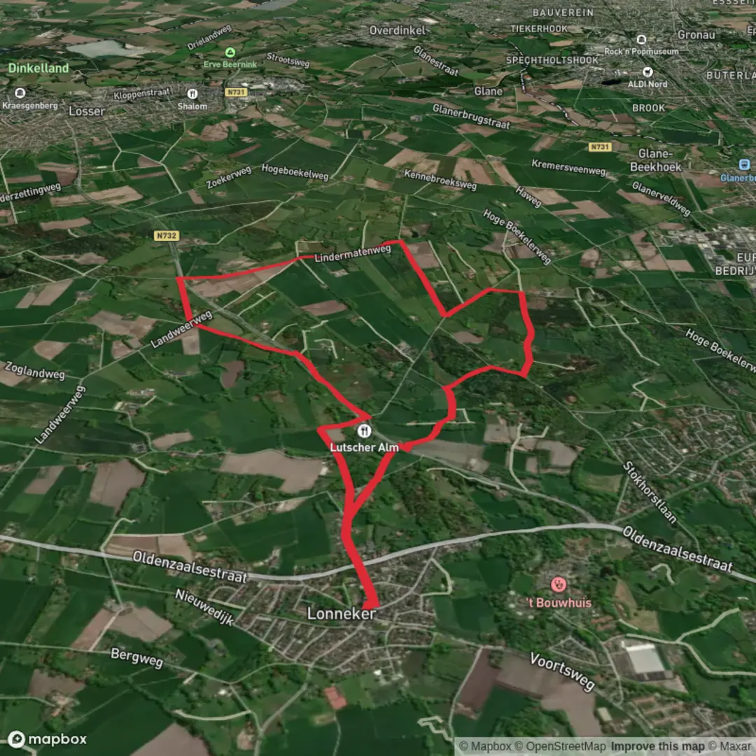 An image depicting the trail Oude Losserse Weg and Lonneker Marke Weg and its surrounding area.