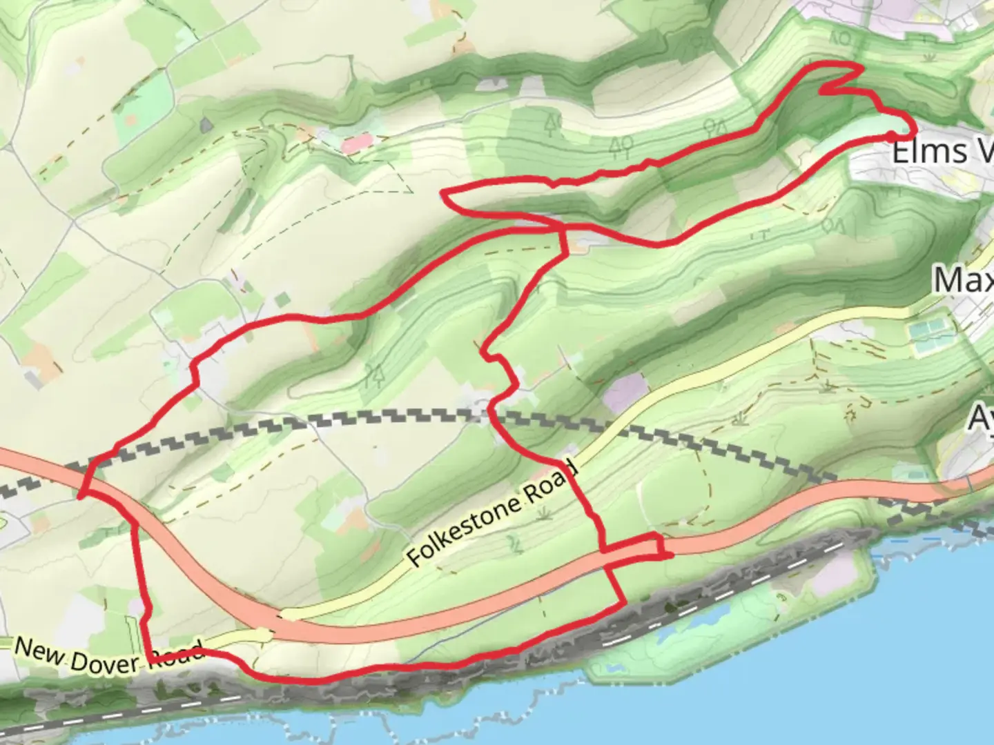 An image depicting the trail Tunnel Abbot's Cliff and Dawkinge Wood via England Coast Path and its surrounding area.