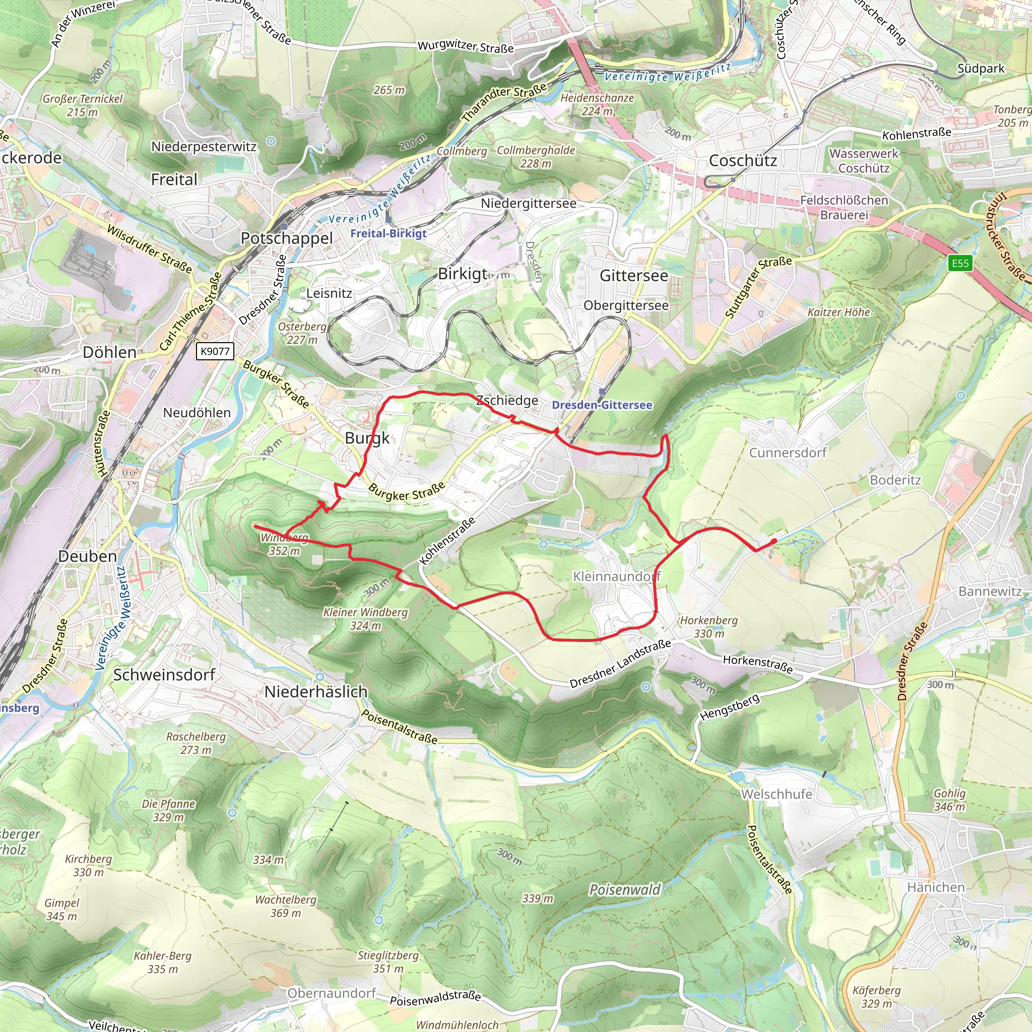 Koenig Albert Denkmal and Kaitzbach via Freitaler Wanderweg mobile static map