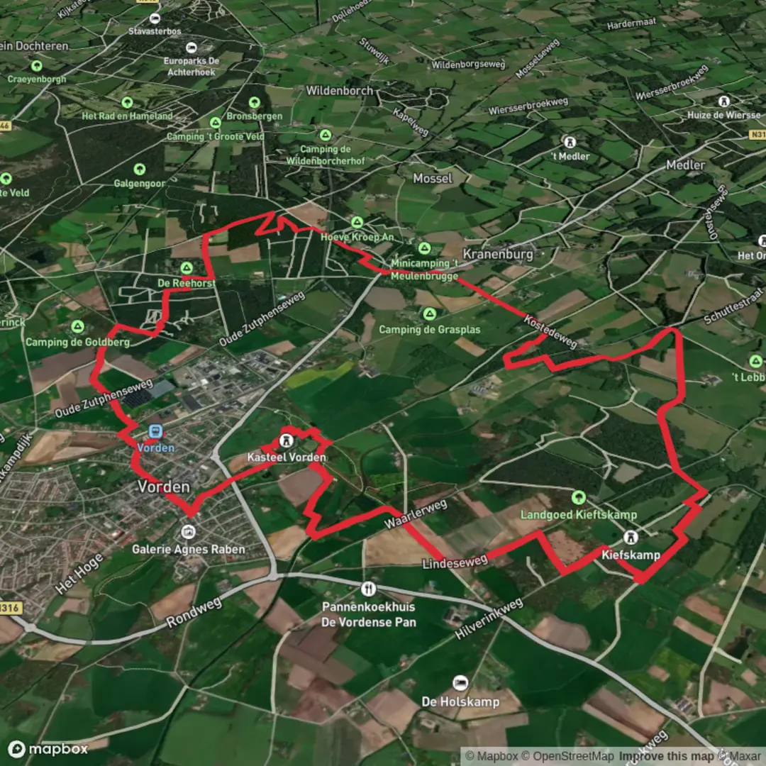 An image depicting the trail Galgengoor Route, Pieterpad deel and Lokaal Vorden Loop and its surrounding area.