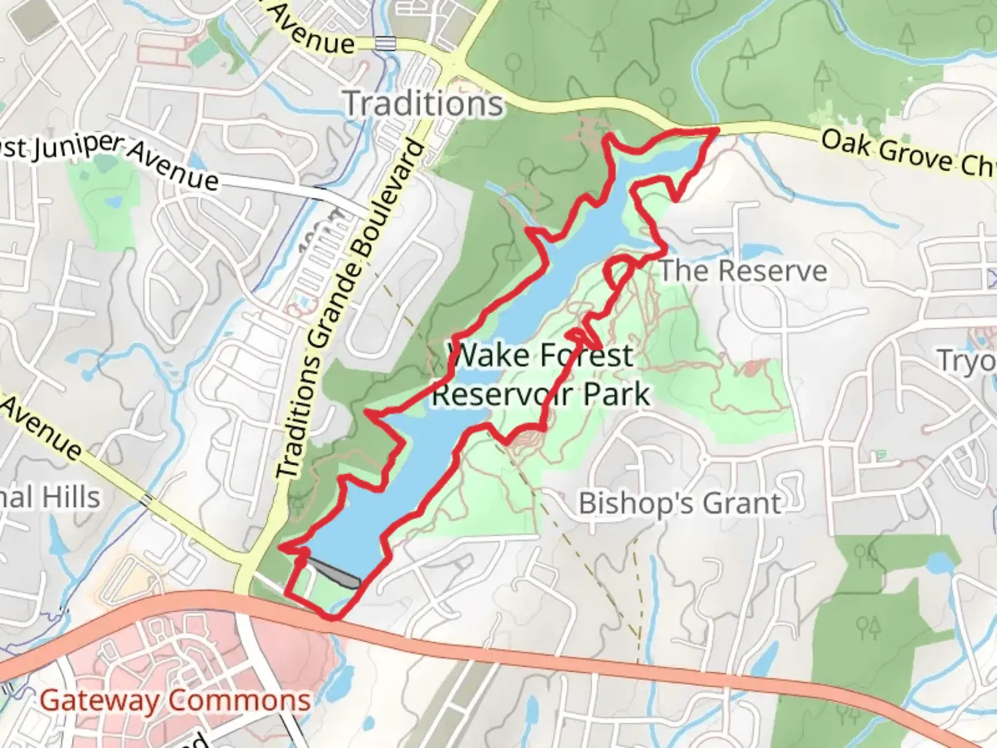 An image depicting the trail Wake Forest Reservoir Loop Trail and its surrounding area.
