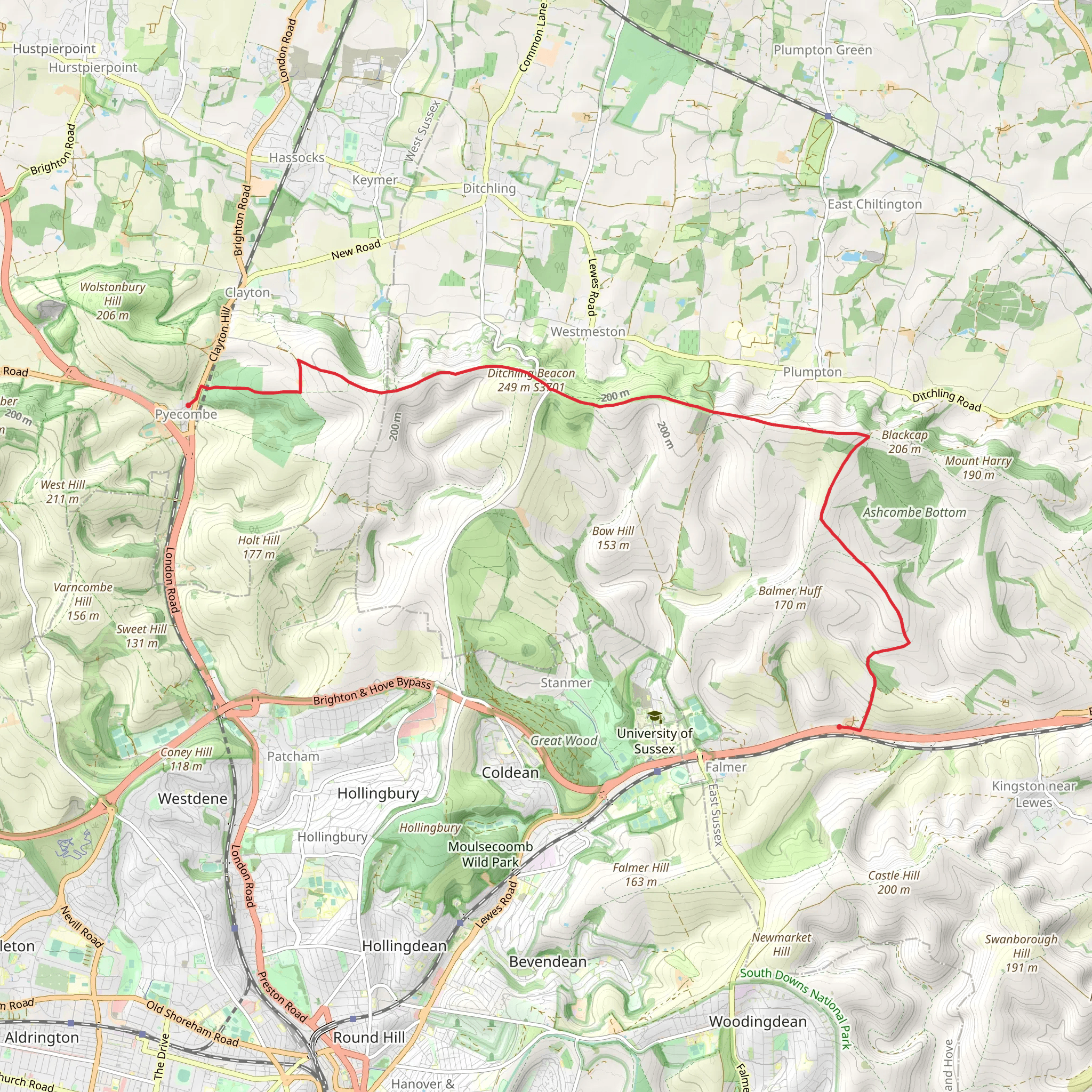 Falmer to Pyecombe and Blackcap By South Downs Way mobile static map