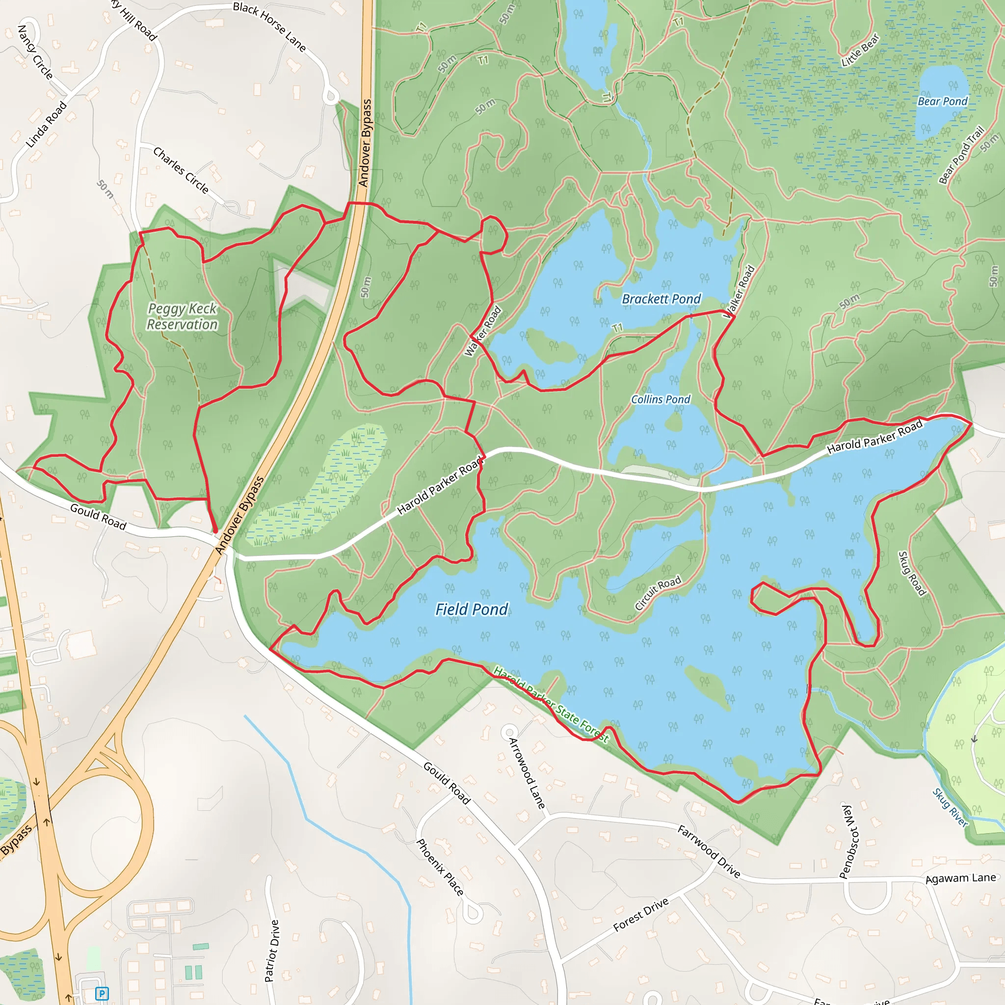 Field, Collins and Brackett Pond Loop from Peggy Keck Reservation mobile static map