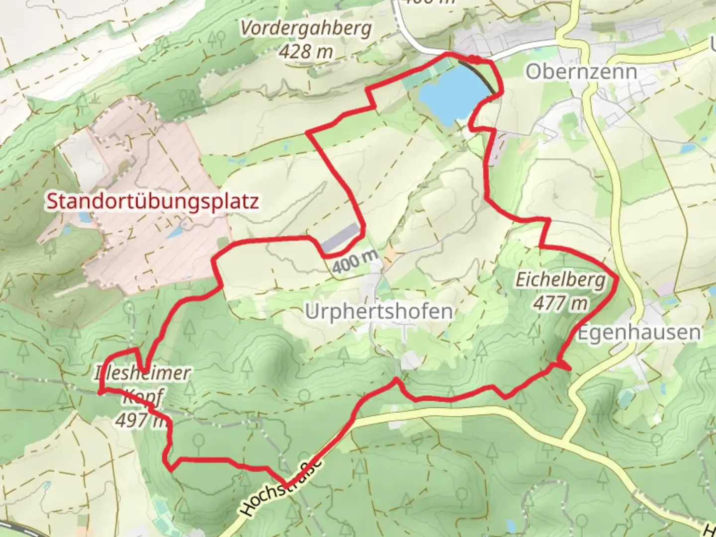 An image depicting the trail Obernzenner See, Eichelberg and Illesheimer Kopf Loop and its surrounding area.