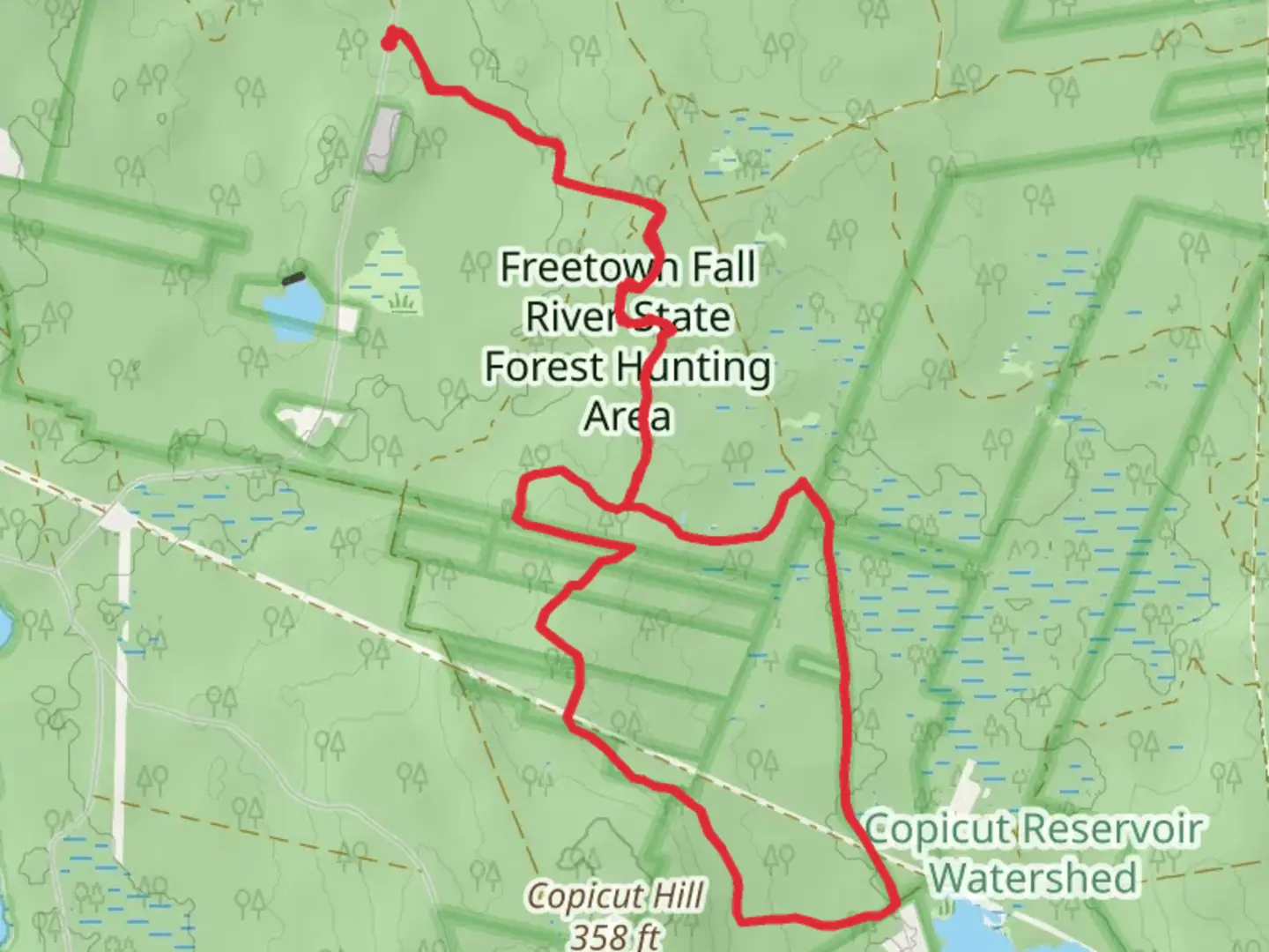 An image depicting the trail Copicut Hill in Freetown Fall River State Forest Hunting Area and its surrounding area.