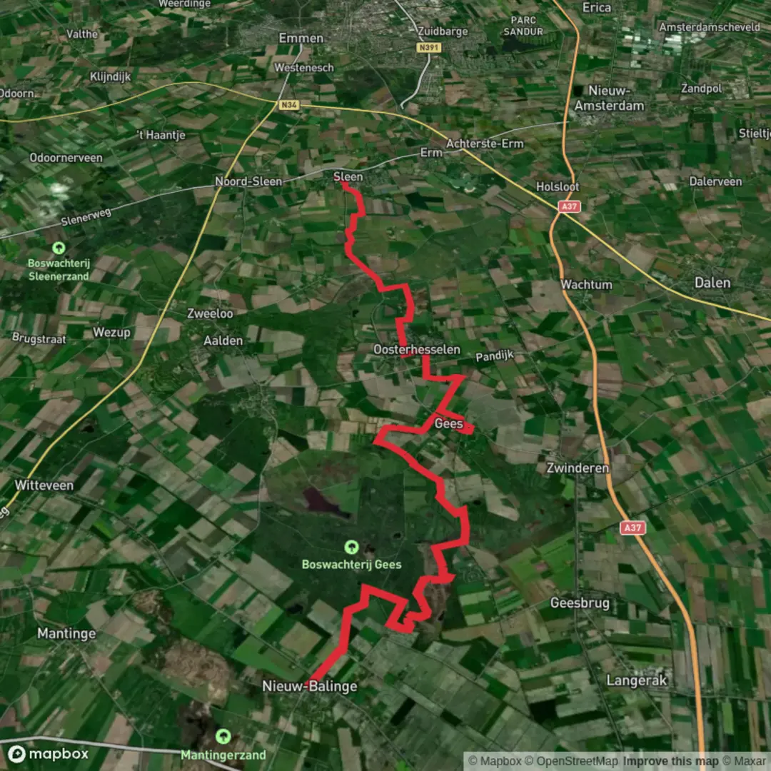 An image depicting the trail Nieuw Balinge to Sleen via Boswachterij Gees and its surrounding area.