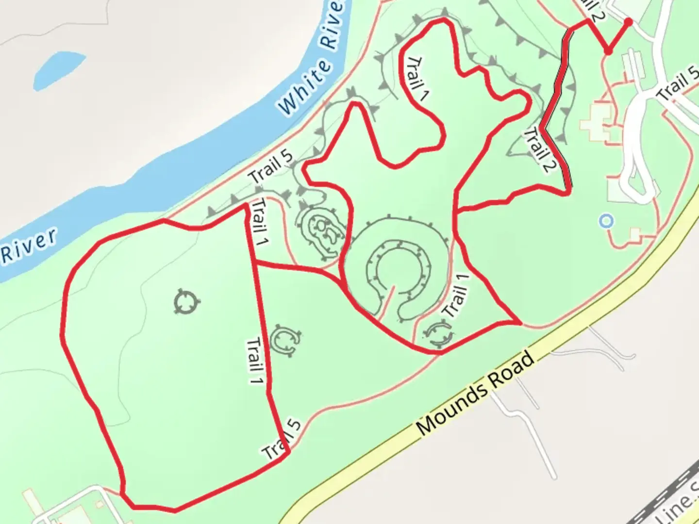 An image depicting the trail Trail 1, 2 and 5 Loop along White River and its surrounding area.