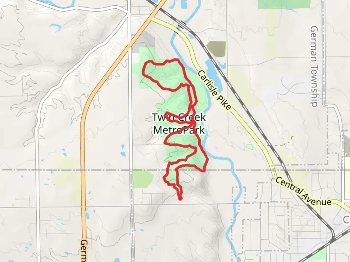 An image depicting the trail Twin Creek Metropark Loop and its surrounding area.