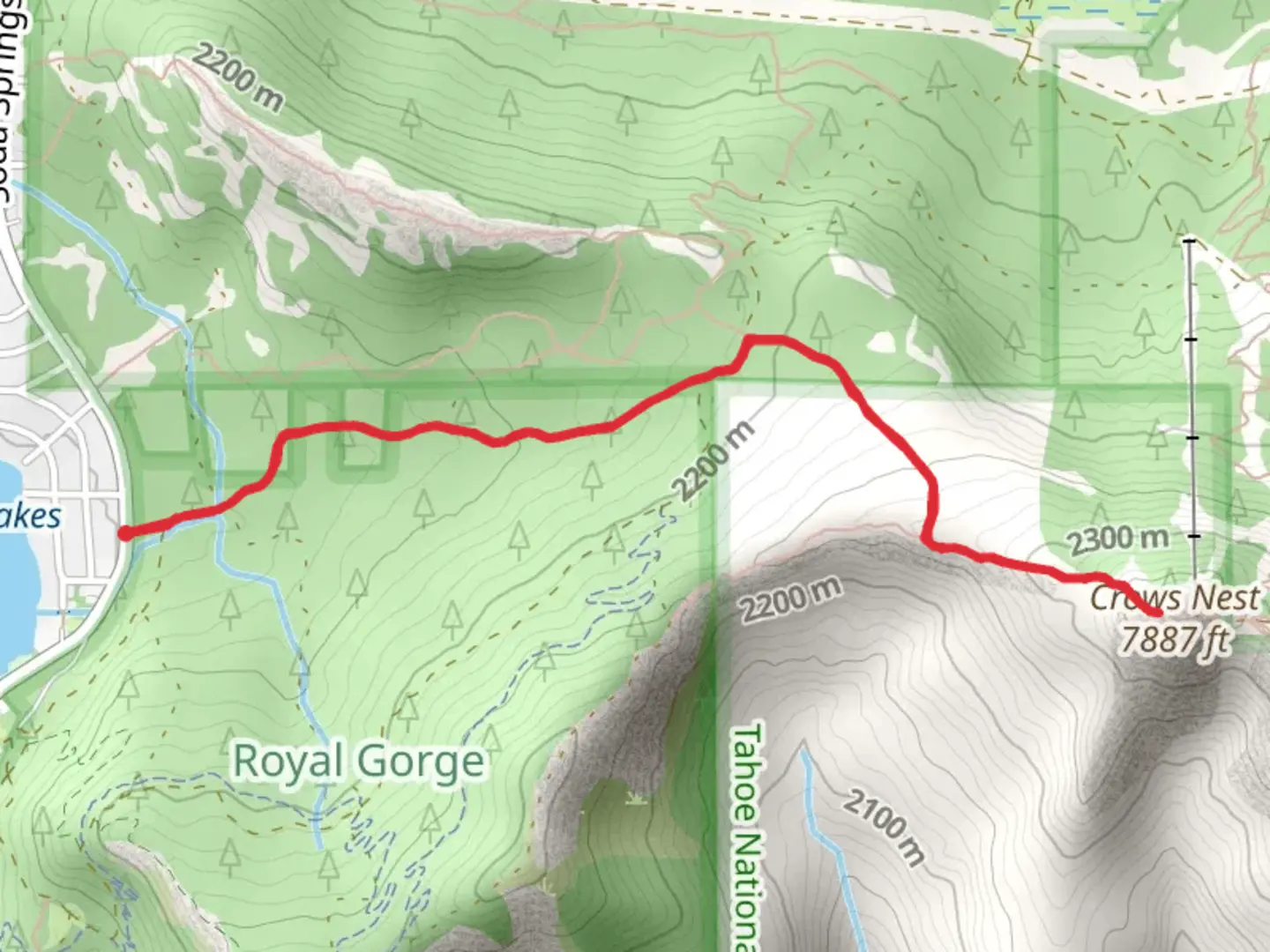 An image depicting the trail Crows Nest via Switchback and its surrounding area.