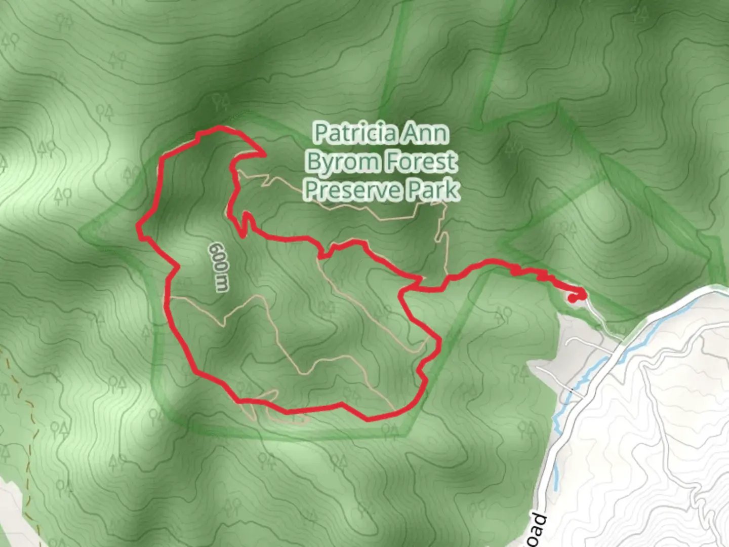 An image depicting the trail Patricia Ann Byrom Forest Preserve Park Loop and its surrounding area.