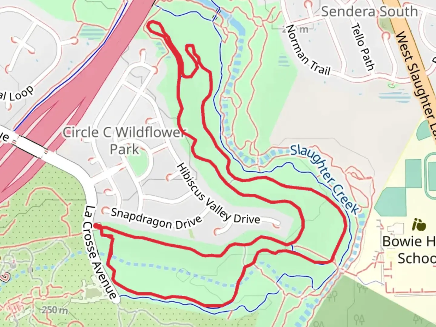 An image depicting the trail Veloway - Slaughter Creek Loop and its surrounding area.