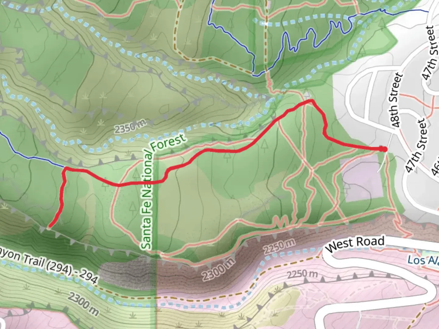 An image depicting the trail Quemazon Trail and Cave of the Winds Trail and its surrounding area.