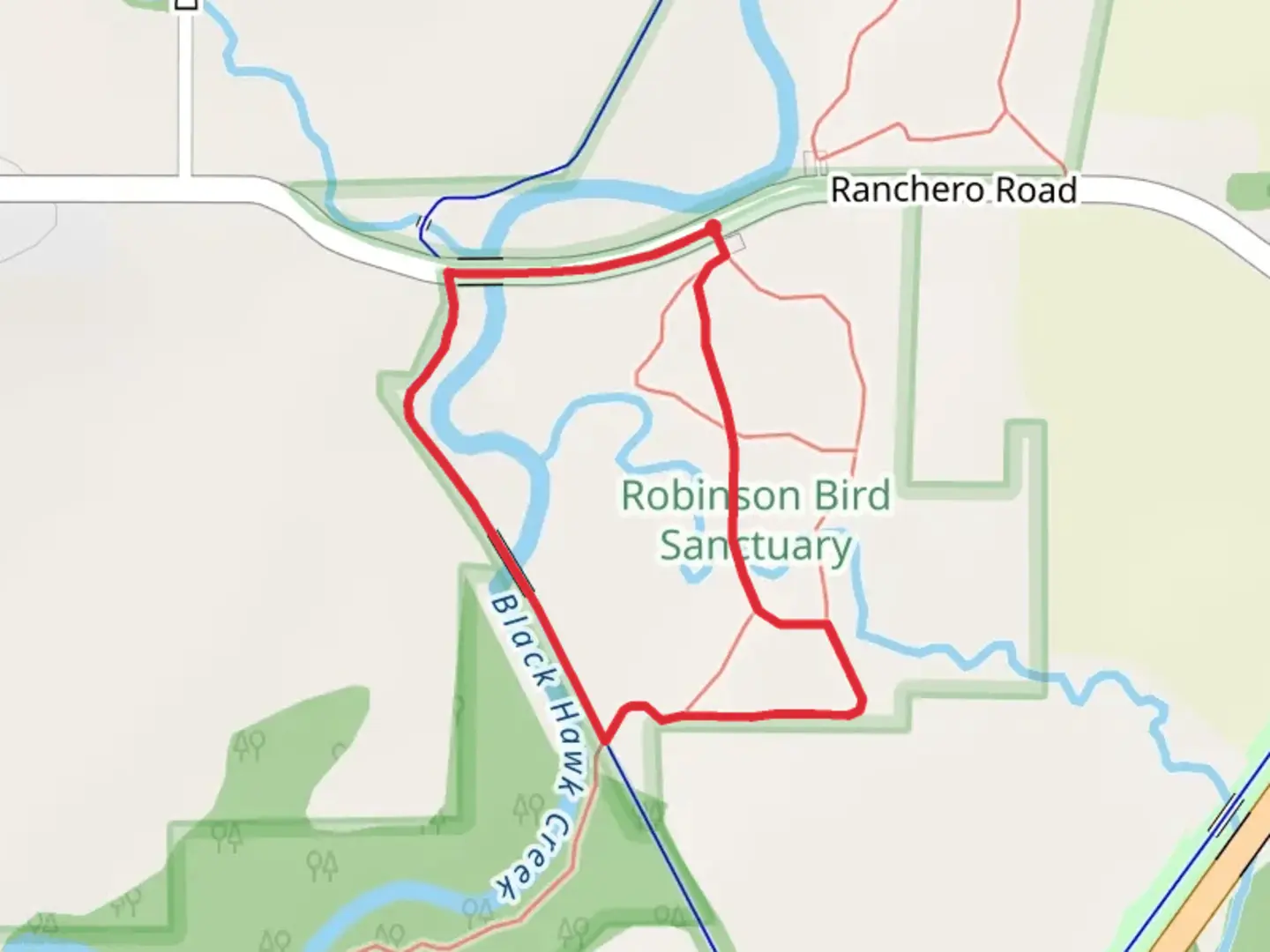 An image depicting the trail Prescotts Creek and Black Hawk Creek Loop and its surrounding area.