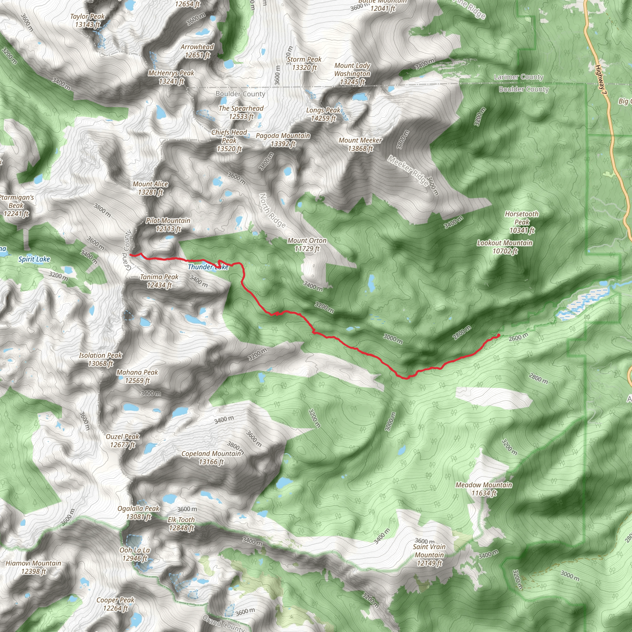 Boulder Grand Pass and Lake of Many Winds via Wild Basin Trail mobile static map