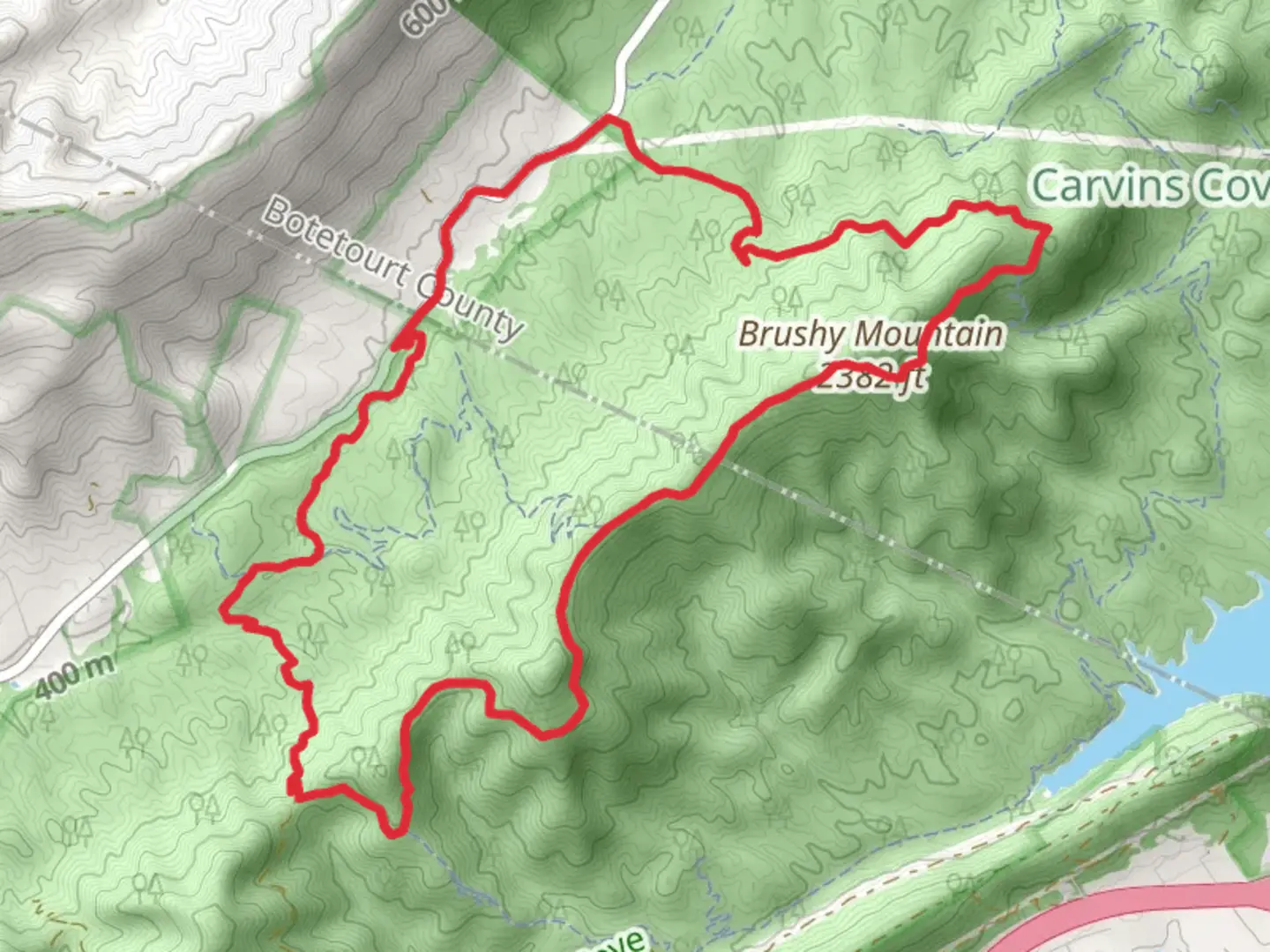 An image depicting the trail Brushy Mountain Loop via Four Gorges and its surrounding area.