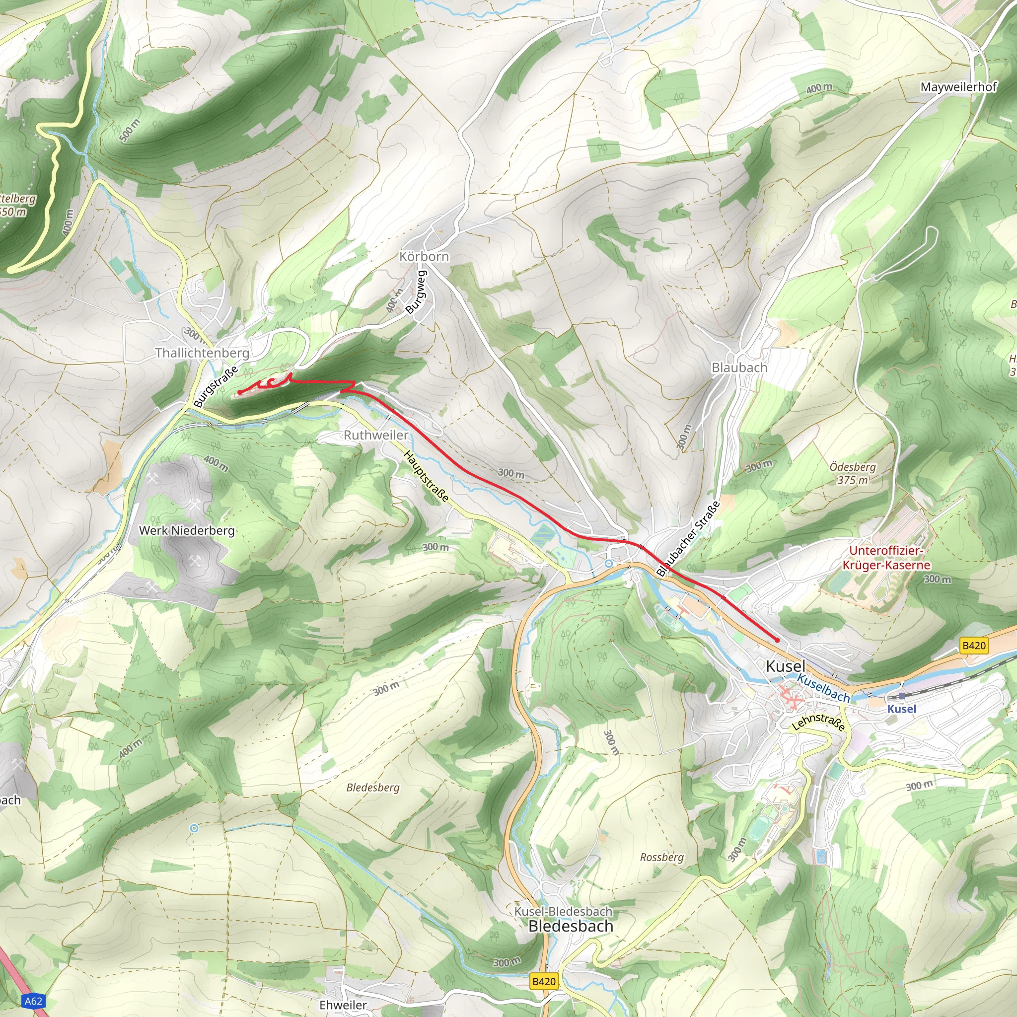 Kraeutergarten to Kusel via Zuwegung Veldenz Wanderweg mobile static map