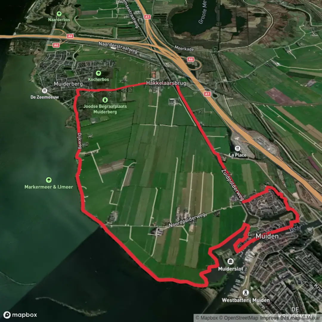 An image depicting the trail Muiderberg Route and Zuidpolder Weg and its surrounding area.