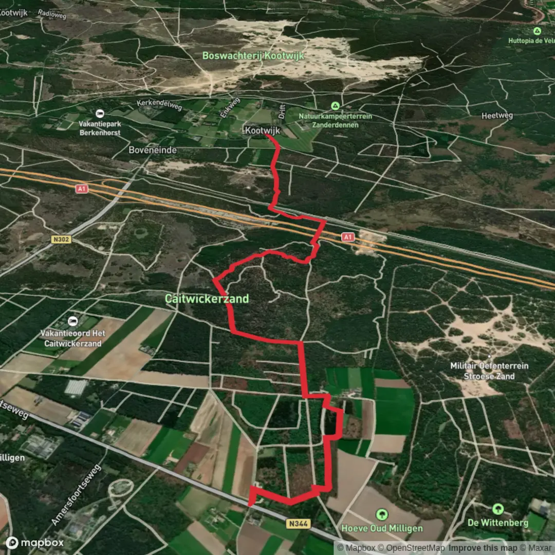 An image depicting the trail Ouwendorperweg to De Brink via Maanschoten and its surrounding area.