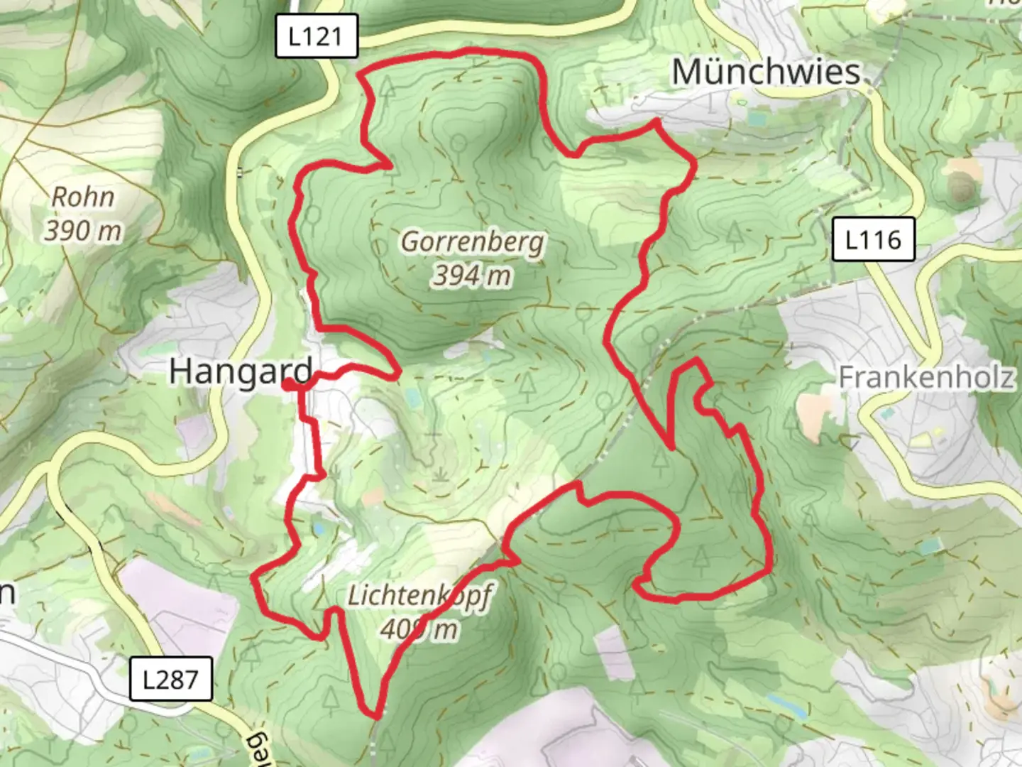 An image depicting the trail Hangard Loop via Lichtenkopf and its surrounding area.