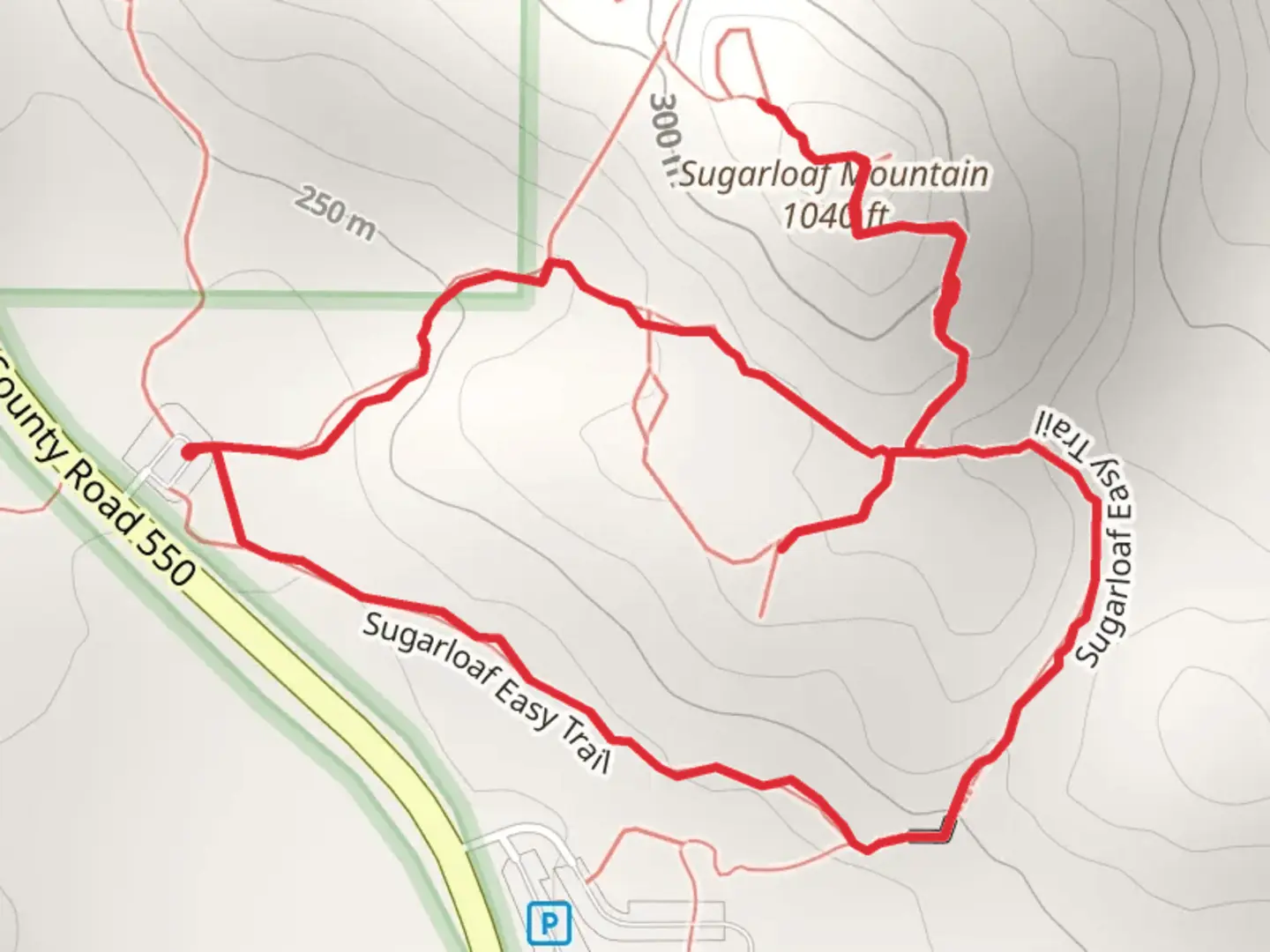 An image depicting the trail Sugarloaf Easy Trail and Sugarloaf Difficult Loop Trail and its surrounding area.