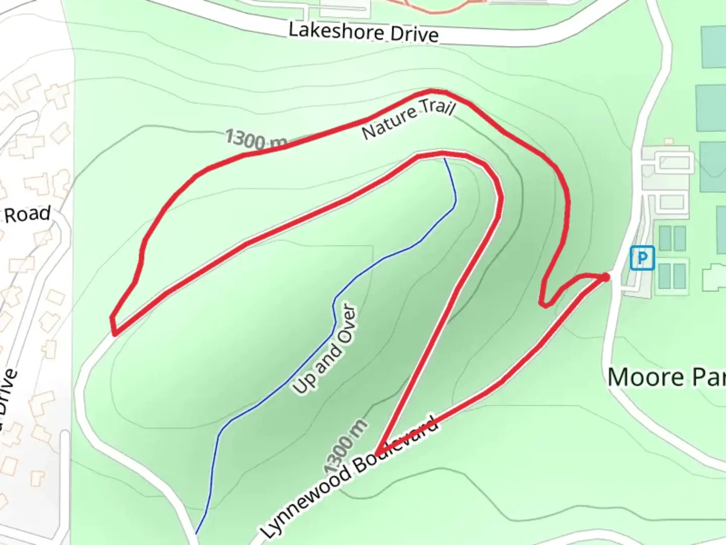 An image depicting the trail Moore Park Loop and its surrounding area.