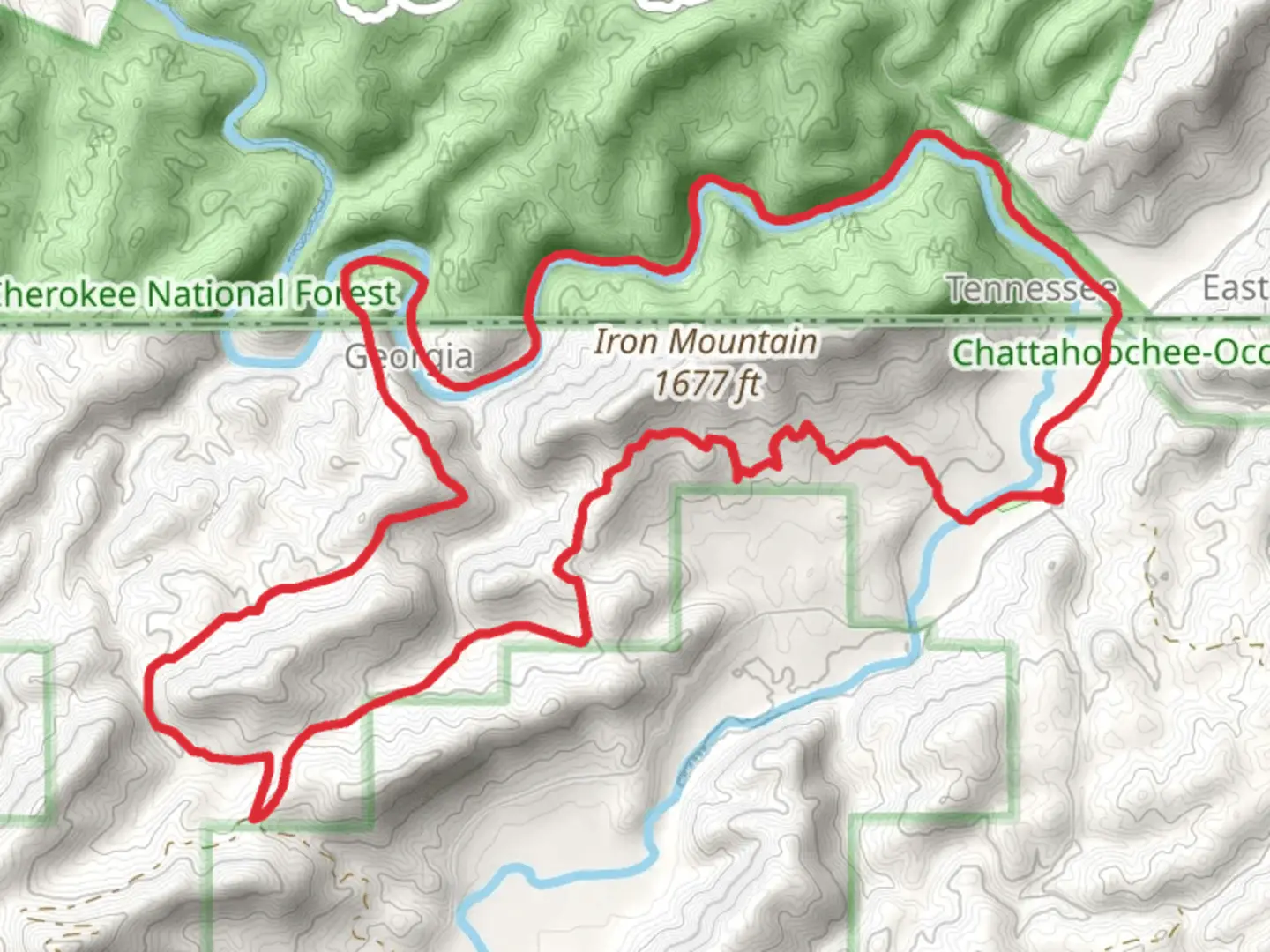 An image depicting the trail Conasauga River and Iron Mountain Loop and its surrounding area.