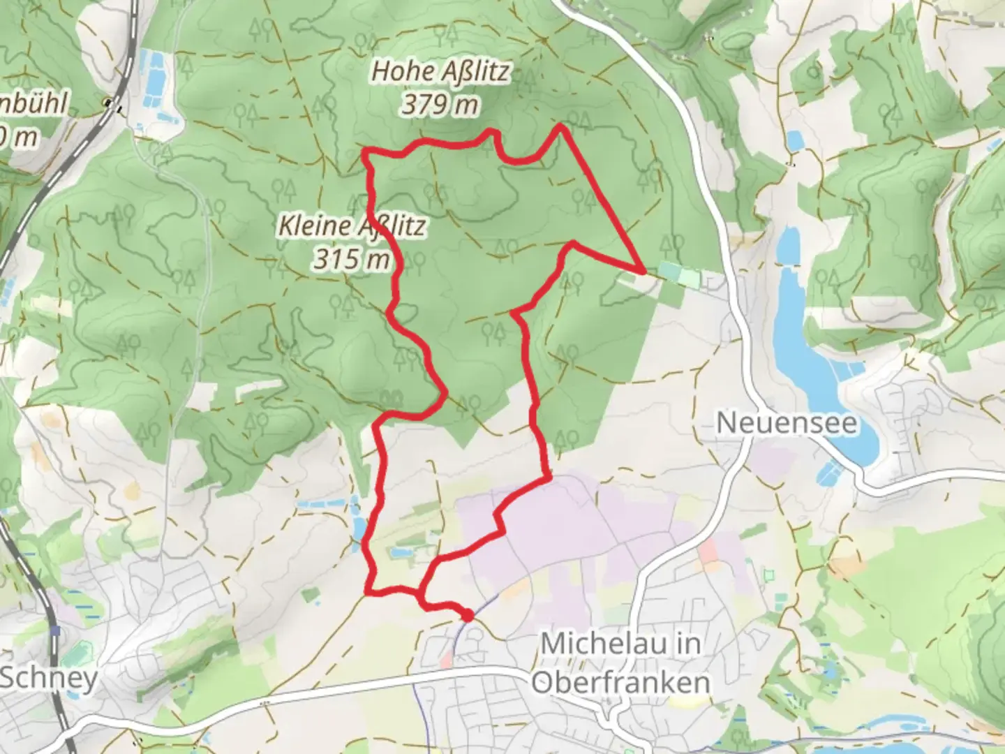 An image depicting the trail Asslitzweg and Obermain Hufeisen and its surrounding area.