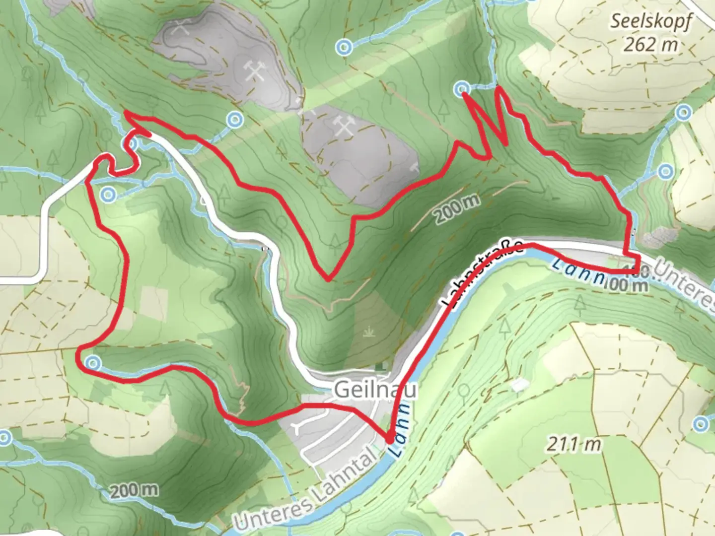 An image depicting the trail Lahn via Rot and Lahnhoehenweg and its surrounding area.