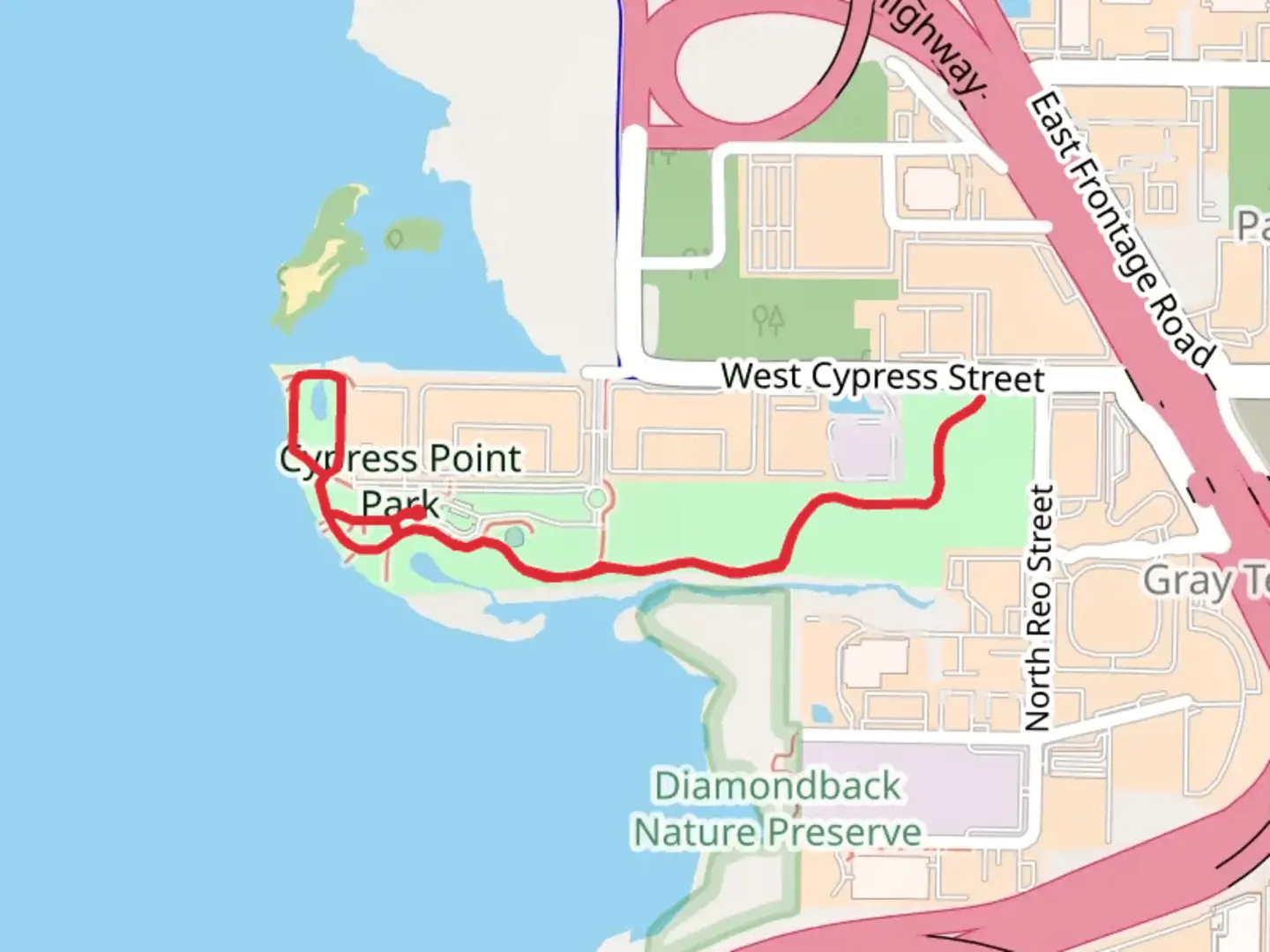 An image depicting the trail Cypress Point Park Walk and its surrounding area.