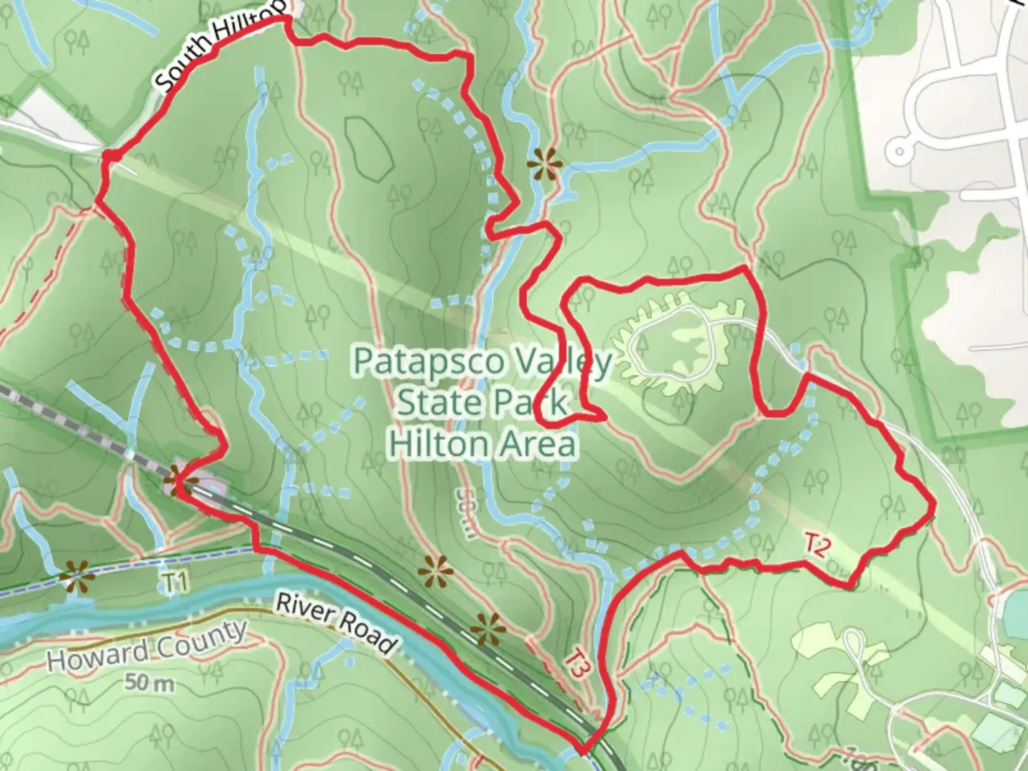 An image depicting the trail Drug, Grist Mill Trail, Forest Glen Trail and Charcoal Loop Trail and its surrounding area.