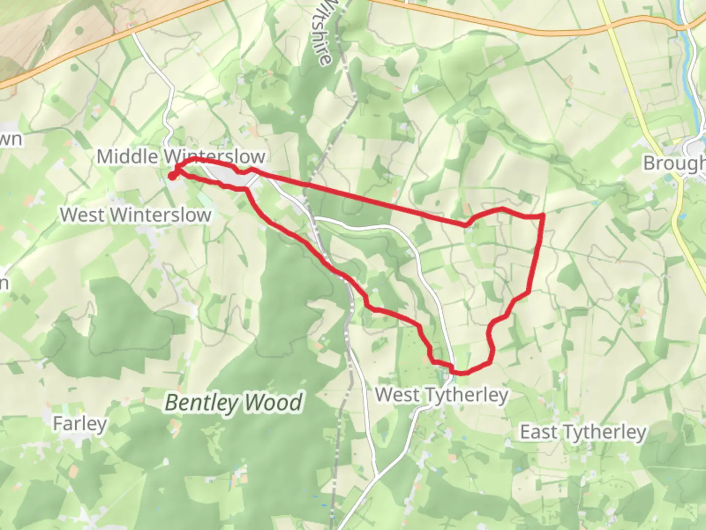 An image depicting the trail Noad's Copse, Bentley Copse and Brown's Copse Loop and its surrounding area.