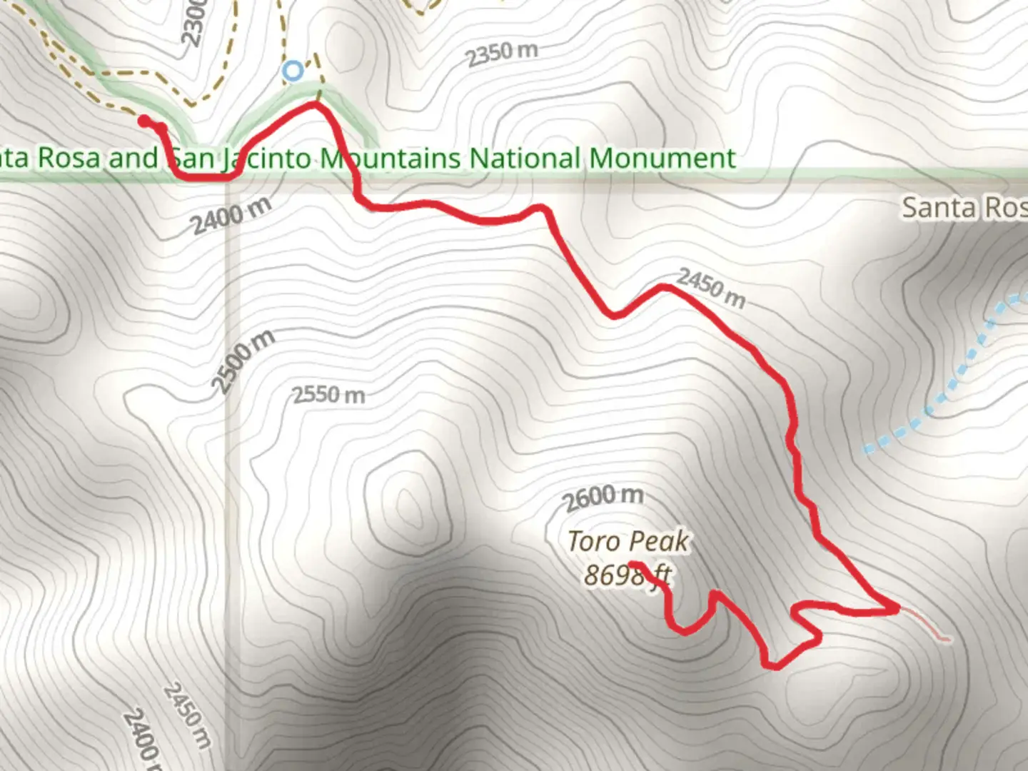 An image depicting the trail Toro Peak via Santa Rosa Road and its surrounding area.