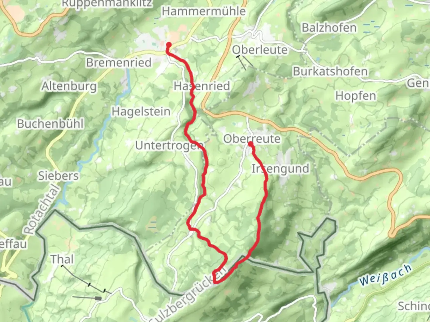 An image depicting the trail Oberreute to Weiler im Allgaeu via Wasserlaeufer Route and its surrounding area.