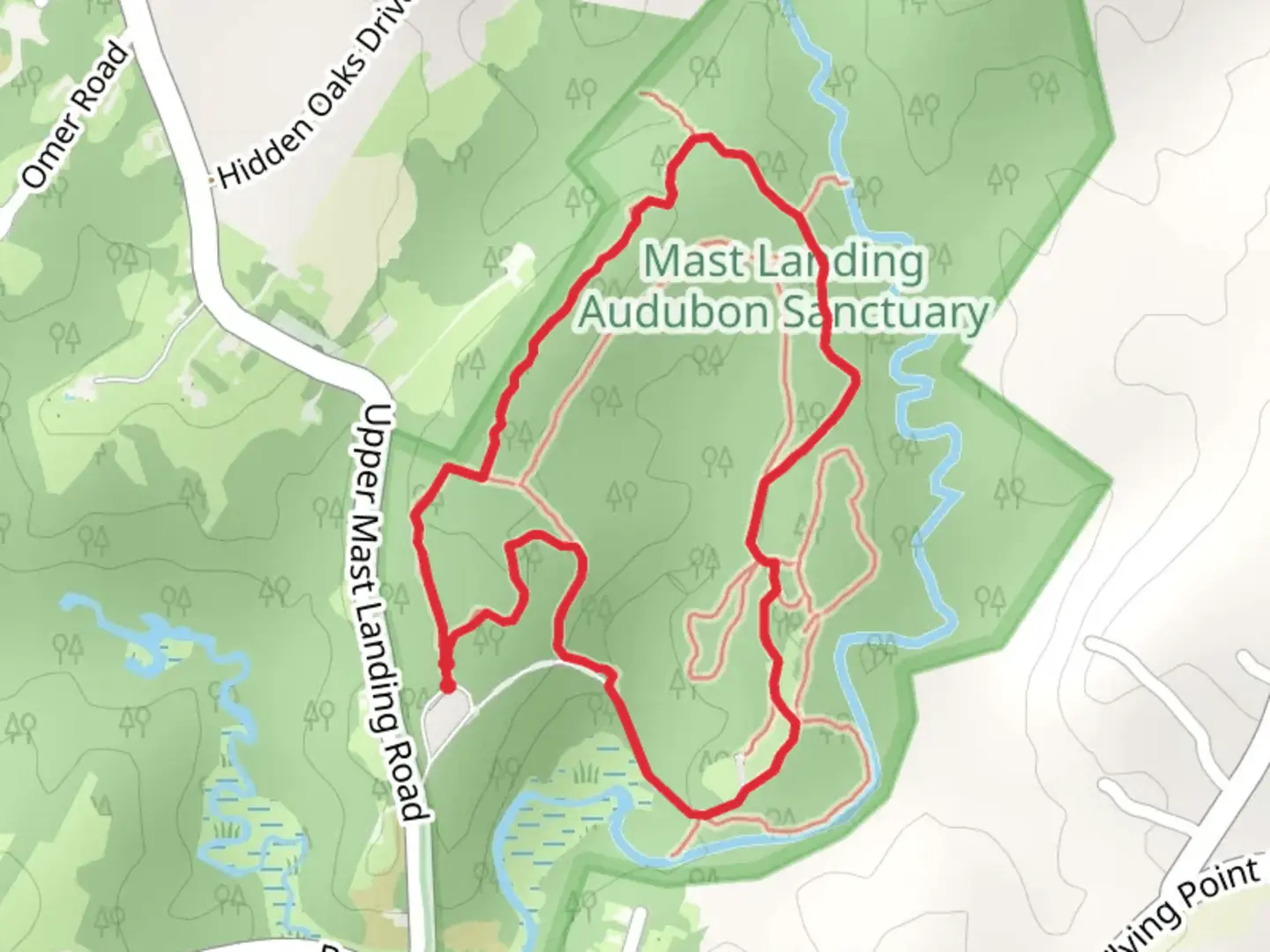 An image depicting the trail Mill Stream Loop from Upper Mast Landing Road and its surrounding area.