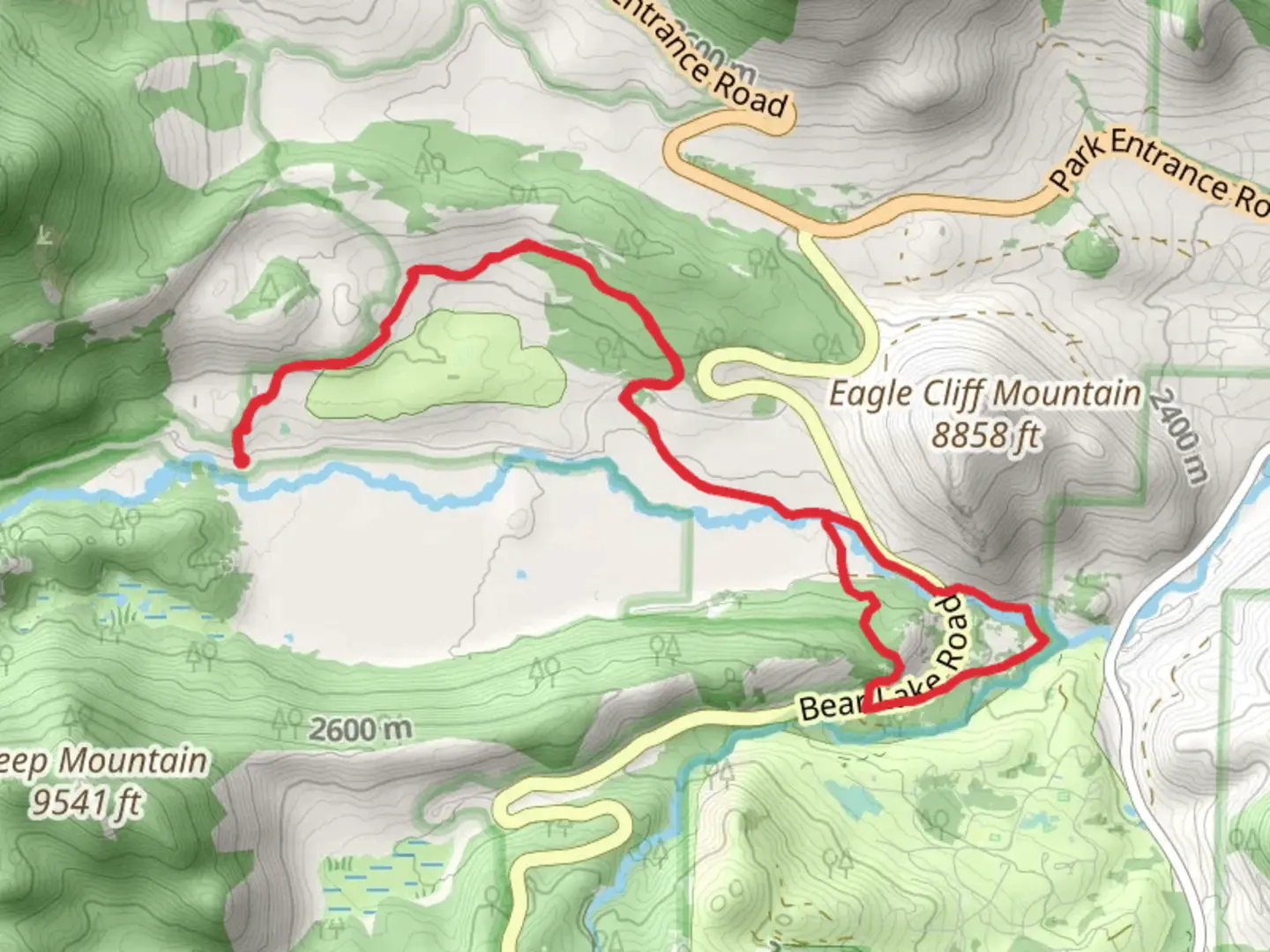 An image depicting the trail Big Thompson River, Tuxedo Park YMCA Camp and Moraine Tuxedo Cutoff Loop Trail and its surrounding area.