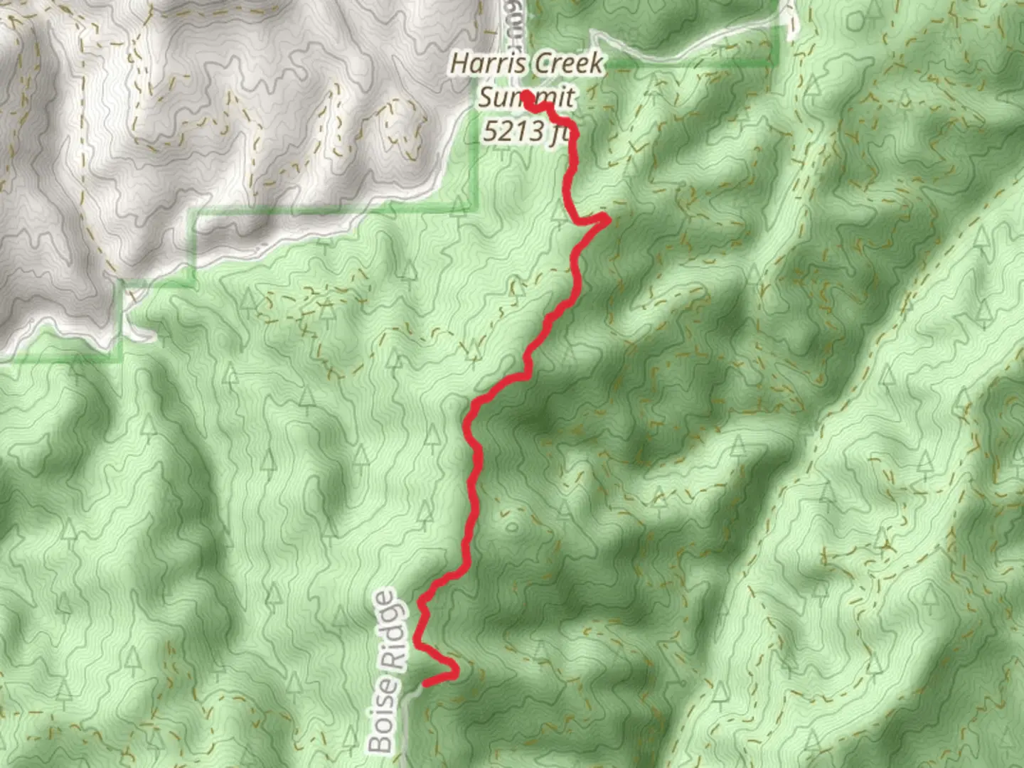 An image depicting the trail Harris Creek Summit and Harris Creek Road and its surrounding area.