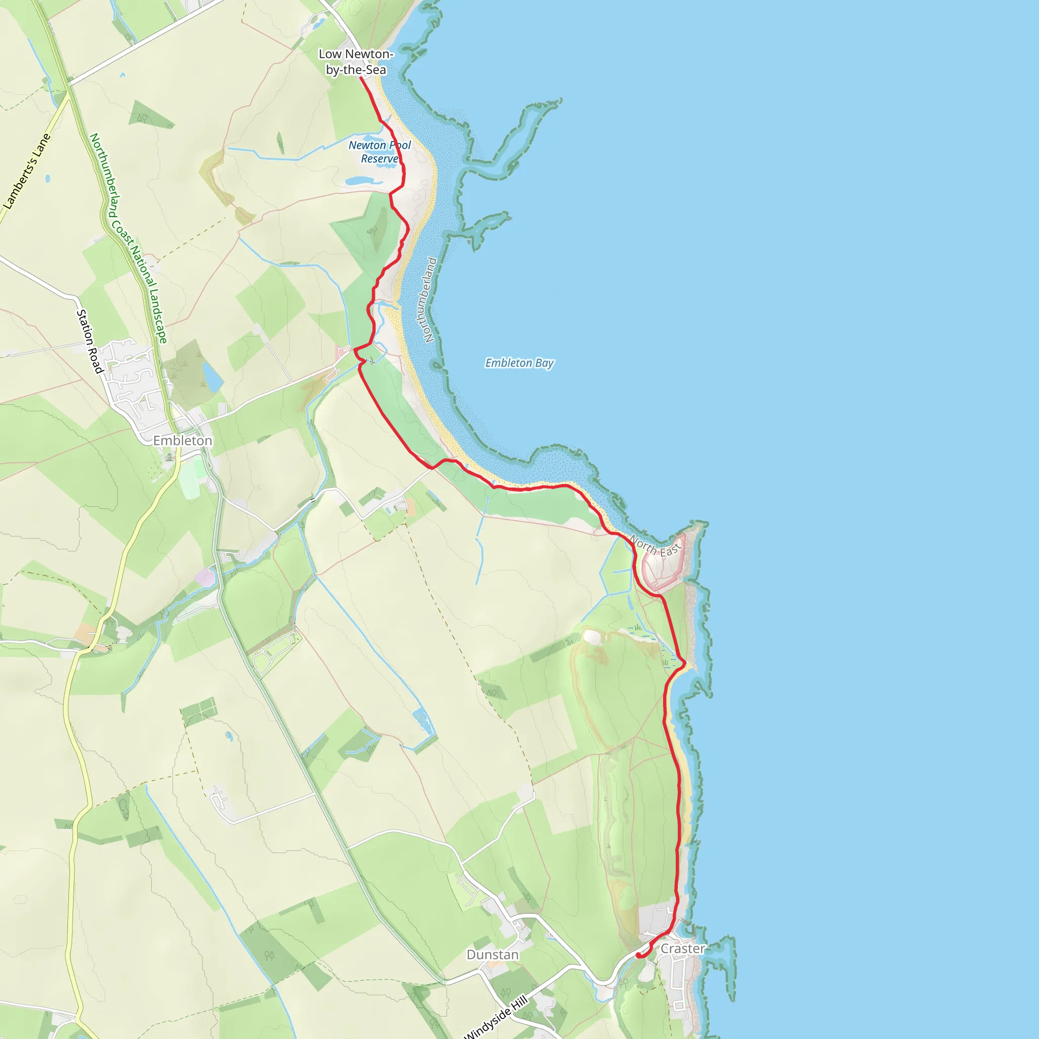 Craster to Low Newton by the Sea Walk via Dunstanburgh Castle mobile static map