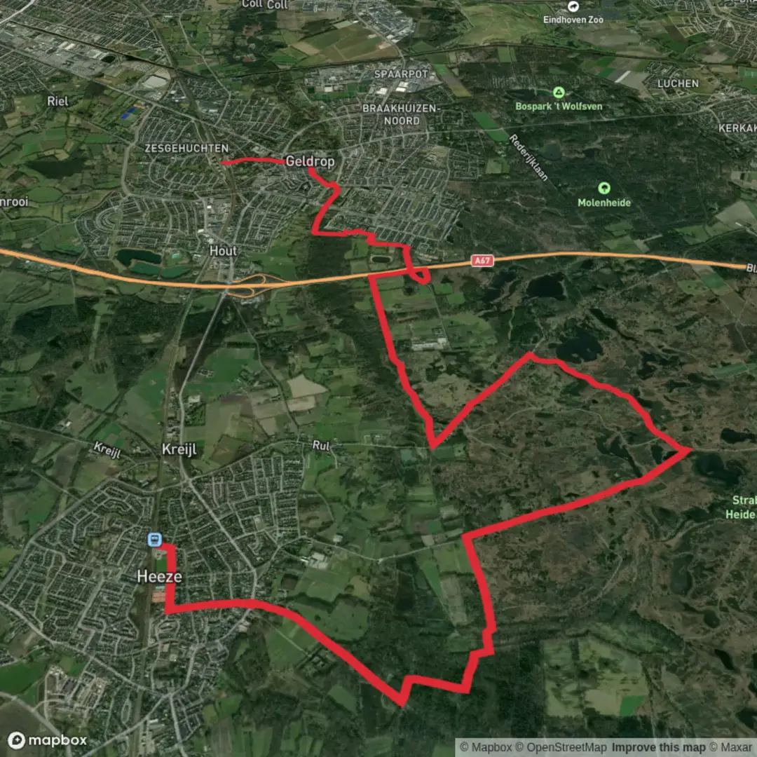 An image depicting the trail Heeze to Geldrop via Herbertusbossen and Strabrechtsche Heide and its surrounding area.