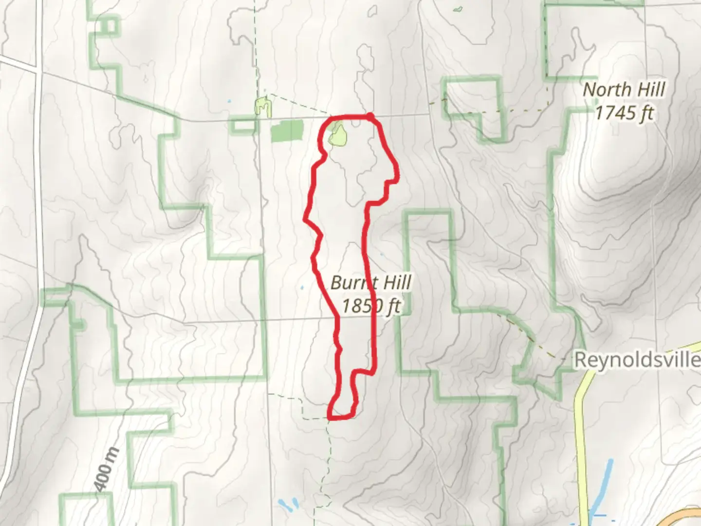 An image depicting the trail Interloken and Burnt Hill Loop Trail and its surrounding area.