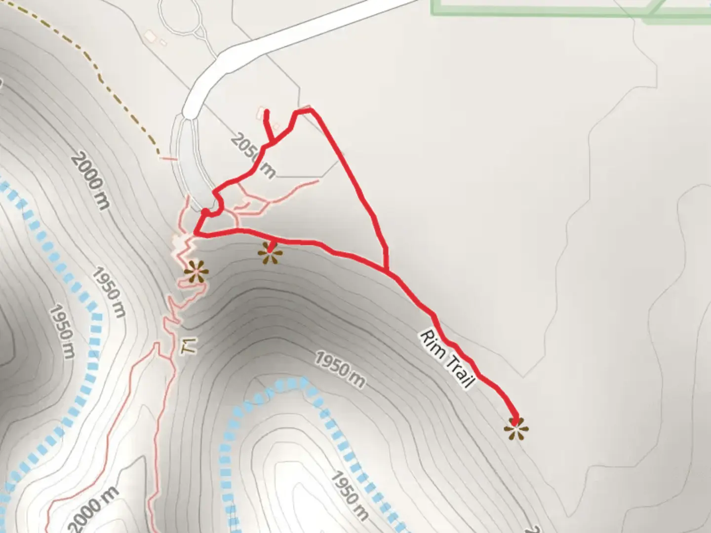An image depicting the trail Rim Trail from Walnut Canyon Road and its surrounding area.