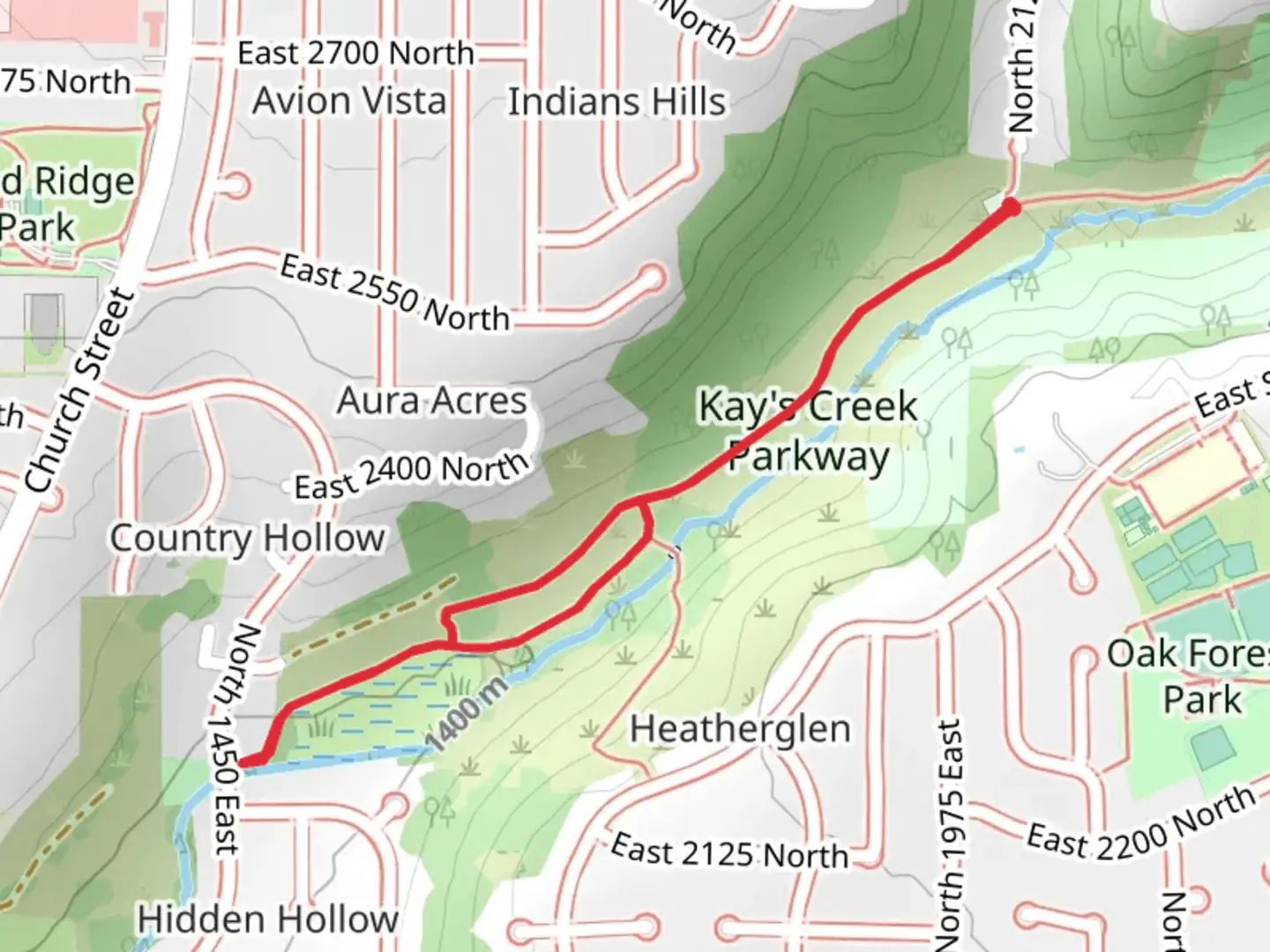 An image depicting the trail Kays Creek Parkway Loop and its surrounding area.