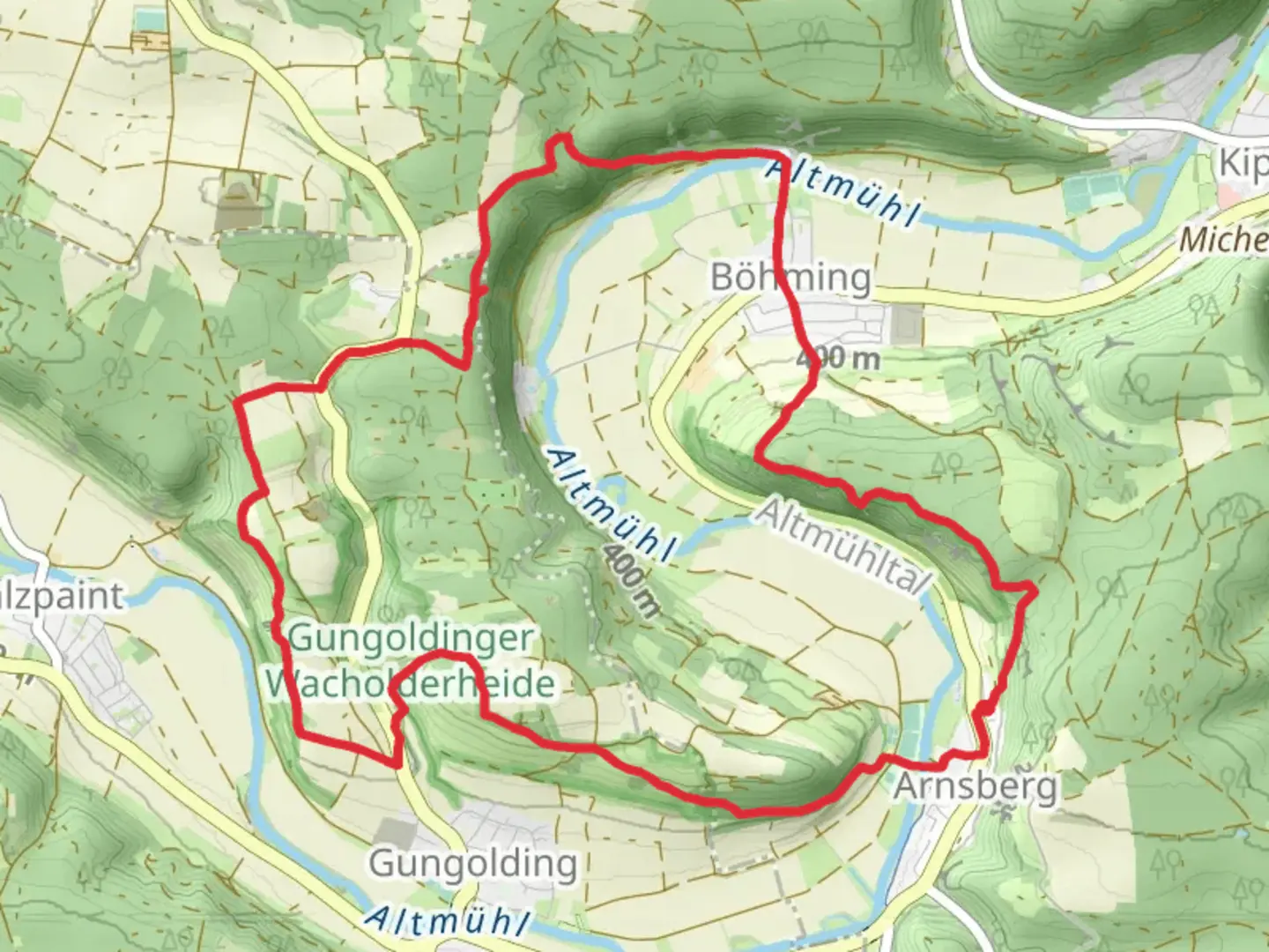 An image depicting the trail Altmuehtal Panoramaweg and Schambachtal and its surrounding area.