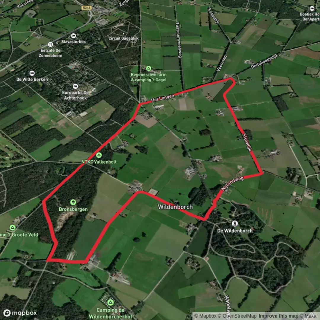 An image depicting the trail Bronsbergen via Molenweg and Vordensebinnenweg and its surrounding area.