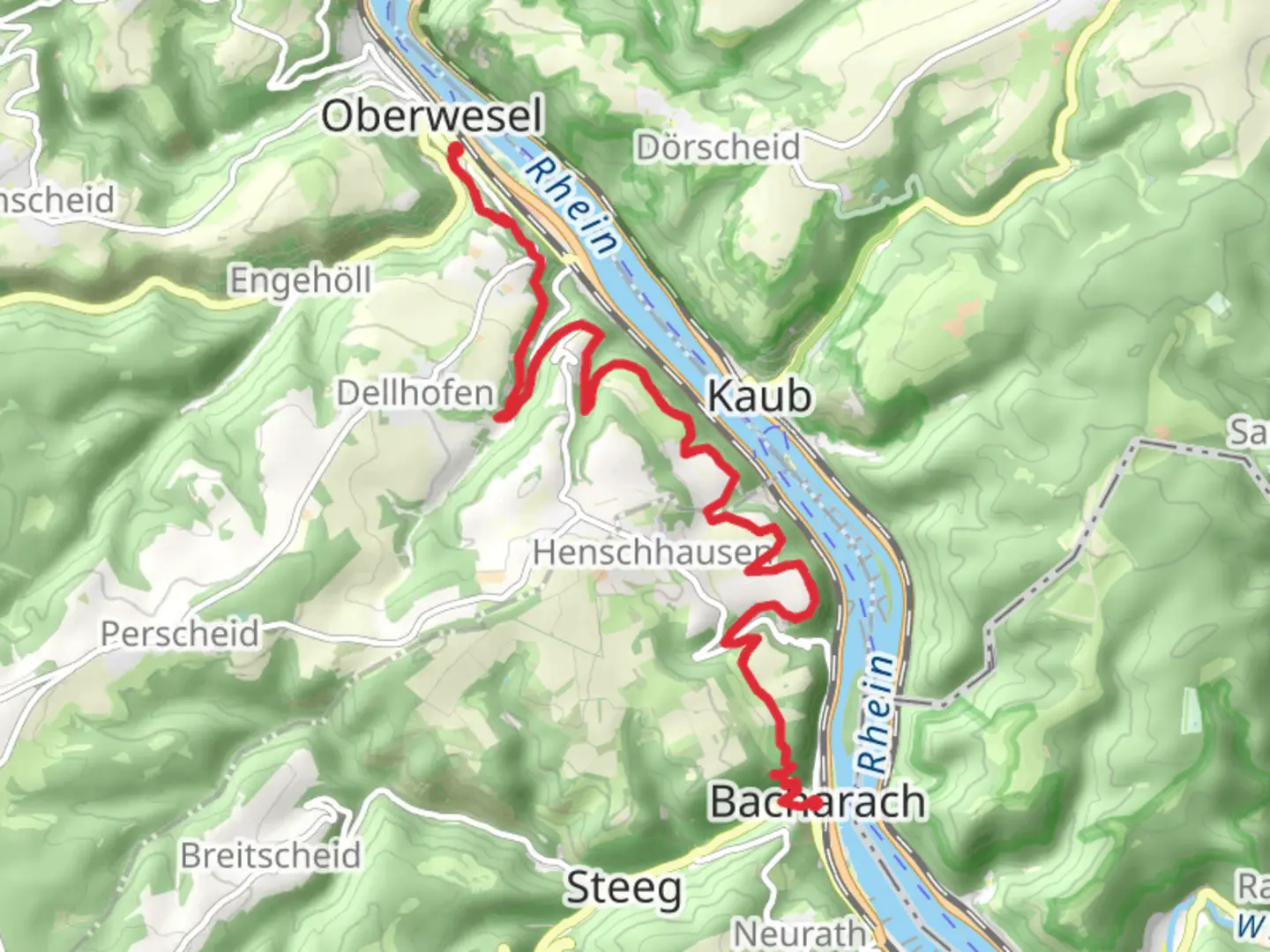 An image depicting the trail Oberwesel to Bacharach Walk via Linksrheinischer Jakobsweg and its surrounding area.