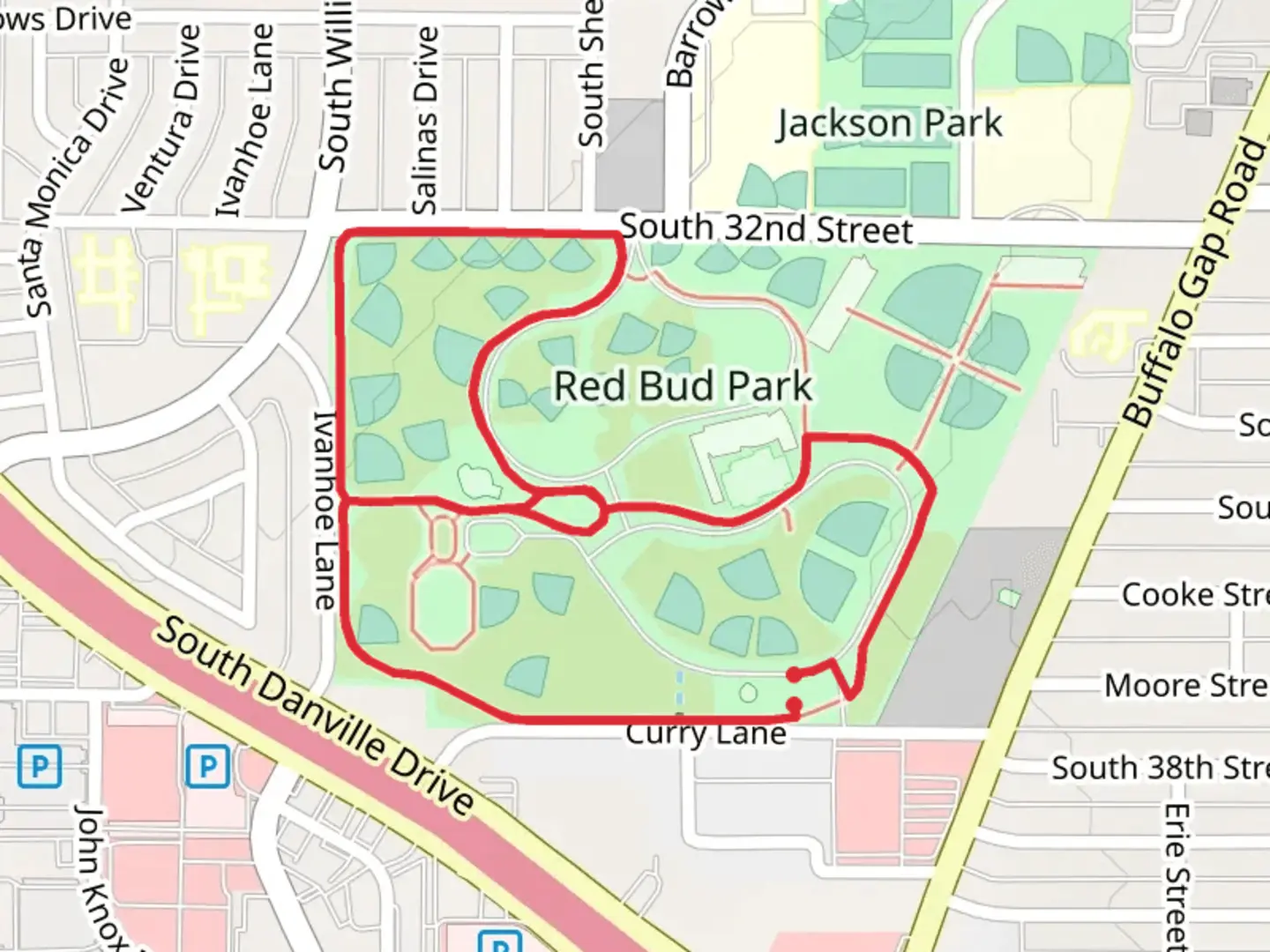 An image depicting the trail Red Bud Park Loop and its surrounding area.