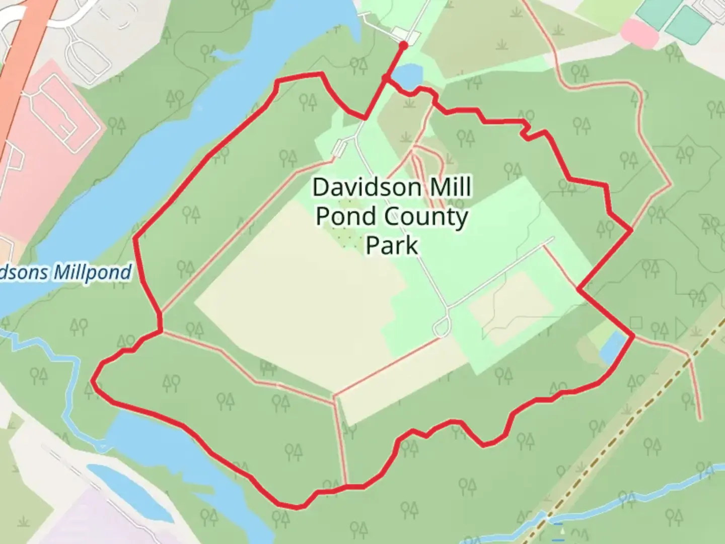 An image depicting the trail Davidson Mill Pond County Park Loop and its surrounding area.