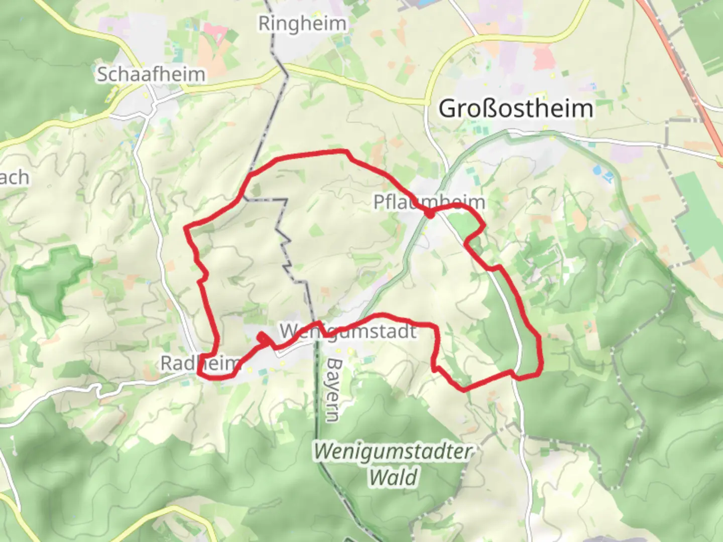 An image depicting the trail Pflaumheim and Wenigumstadt Loop and its surrounding area.