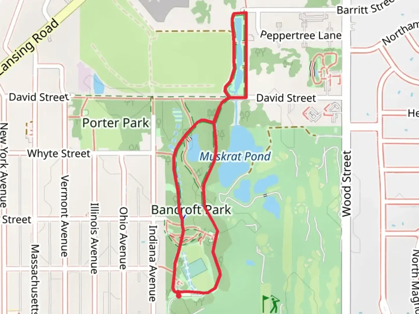An image depicting the trail Groesbeck Park Drain and Bancroft Park Loop and its surrounding area.
