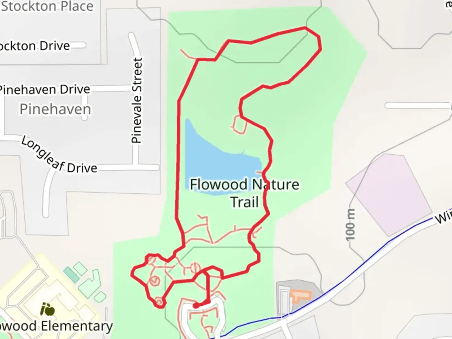 An image depicting the trail Flowood Nature Trail lake Loop and its surrounding area.